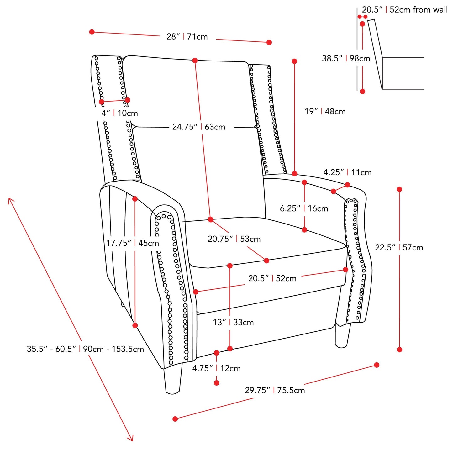 light grey Reclining Accent Chair Lynwood Collection measurements diagram by CorLiving#color_light-grey
