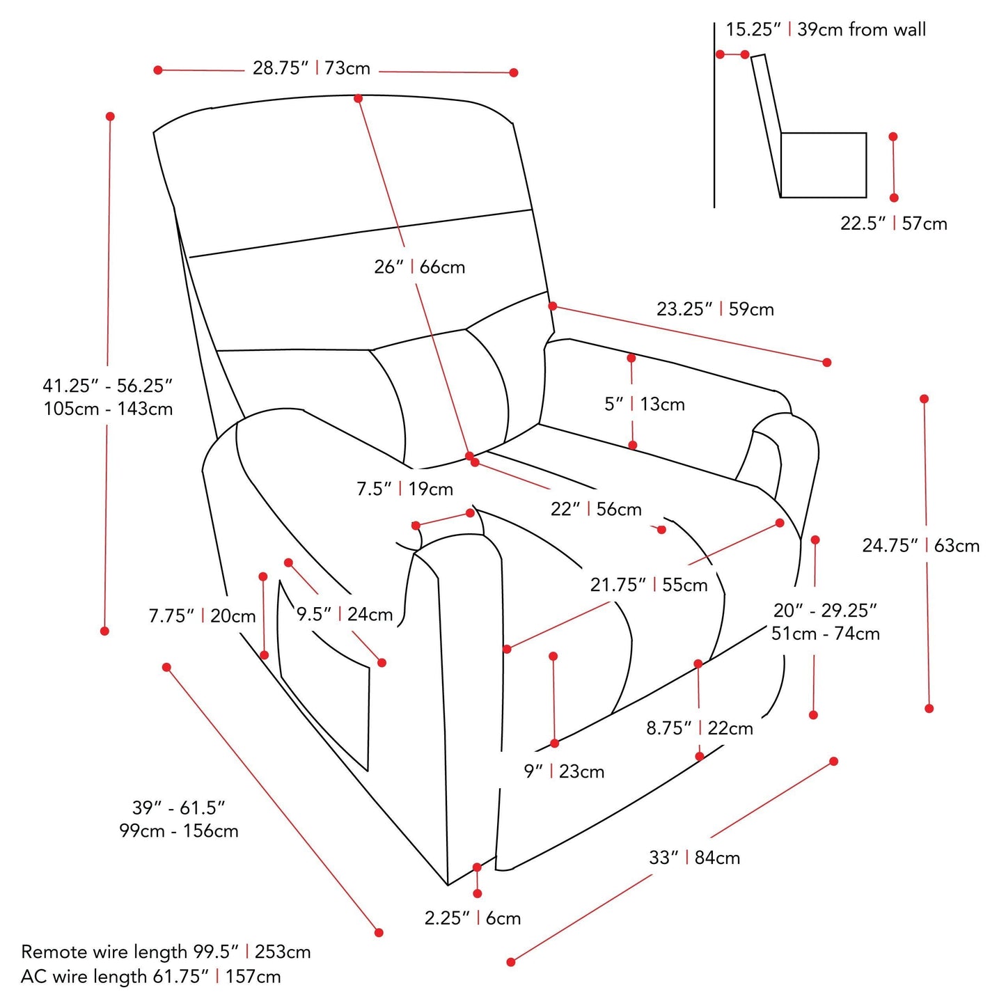 brown Power Lift Assist Recliner Dallas Collection measurements diagram by CorLiving#color_brown