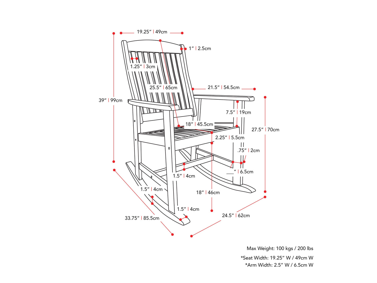 brown Outdoor Rocking Chair Miramar Collection measurements diagram by CorLiving#color_miramar-brown