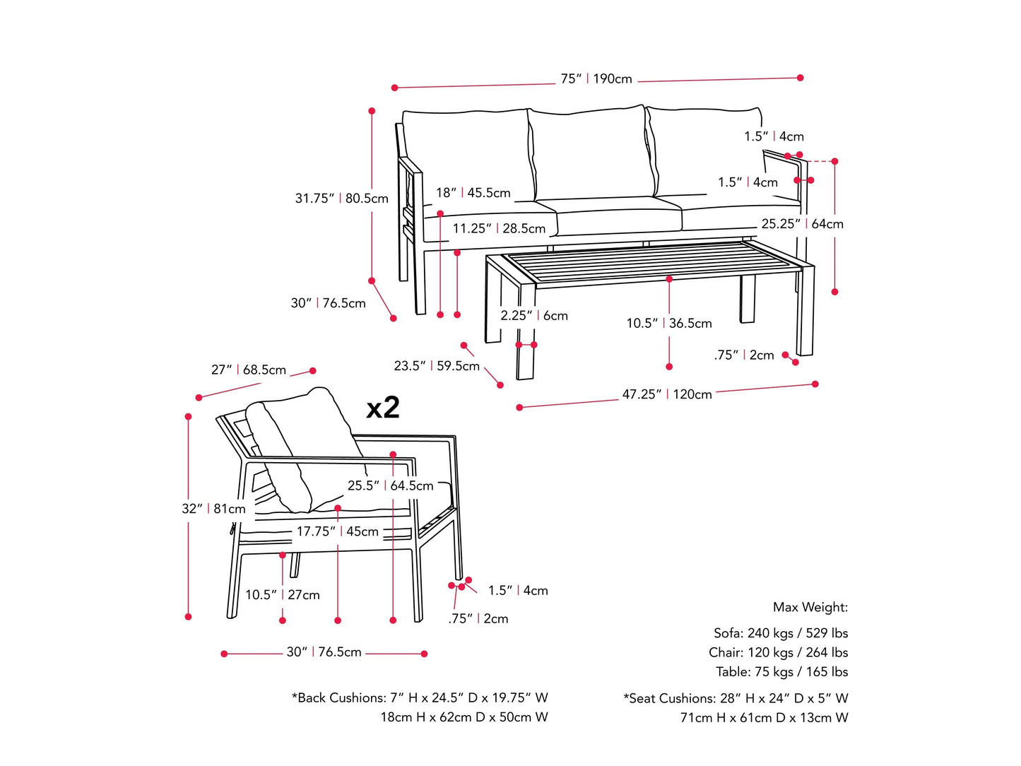 grey and black Metal Conversation Set, 4pc Gaia Collection measurements diagram by CorLiving#color_grey-and-black