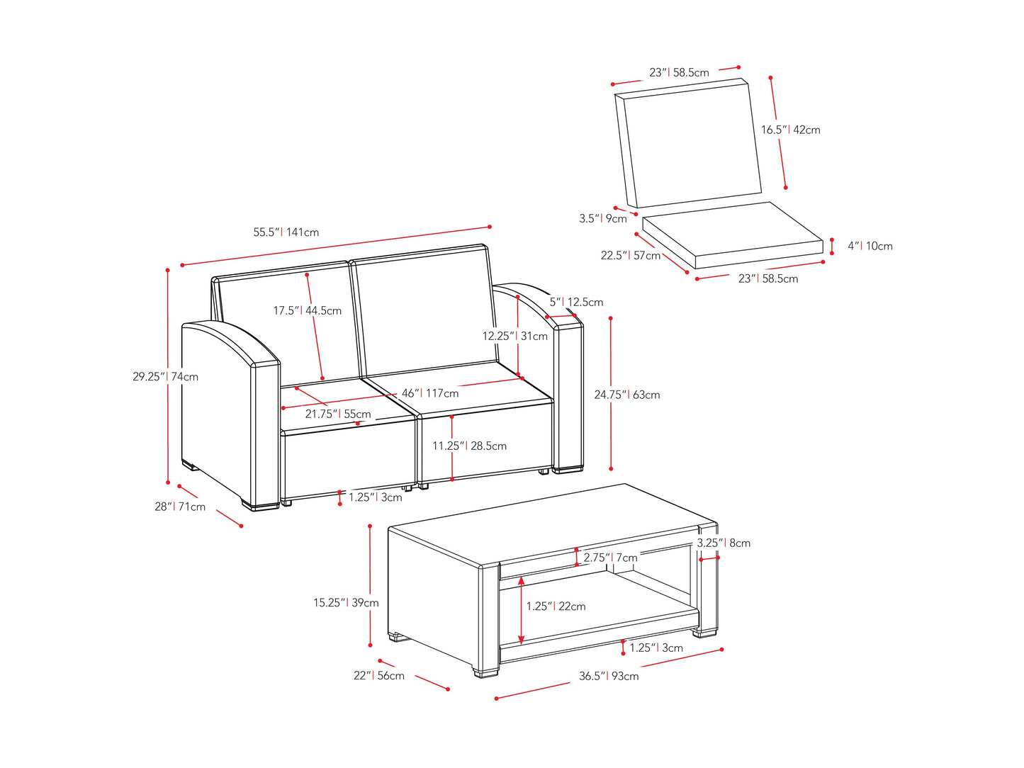 black and beige weave Outdoor Wicker Loveseat Adelaide Collection measurements diagram by CorLiving#color_black-and-beige-weave