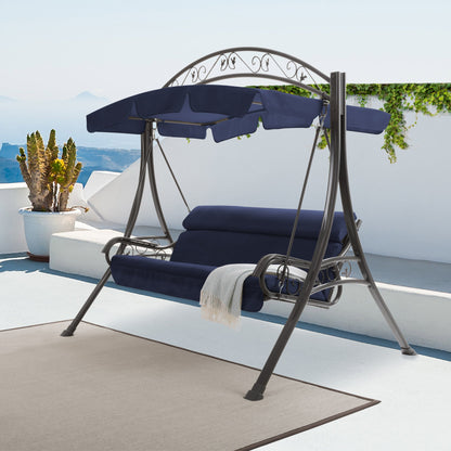 navy blue Patio Swing With Canopy Nantucket Collection lifestyle scene by CorLiving#color_navy-blue