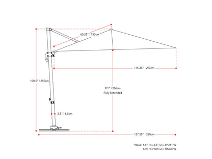 black offset patio umbrella, 360 degree 100 Series measurements diagram CorLiving#color_black