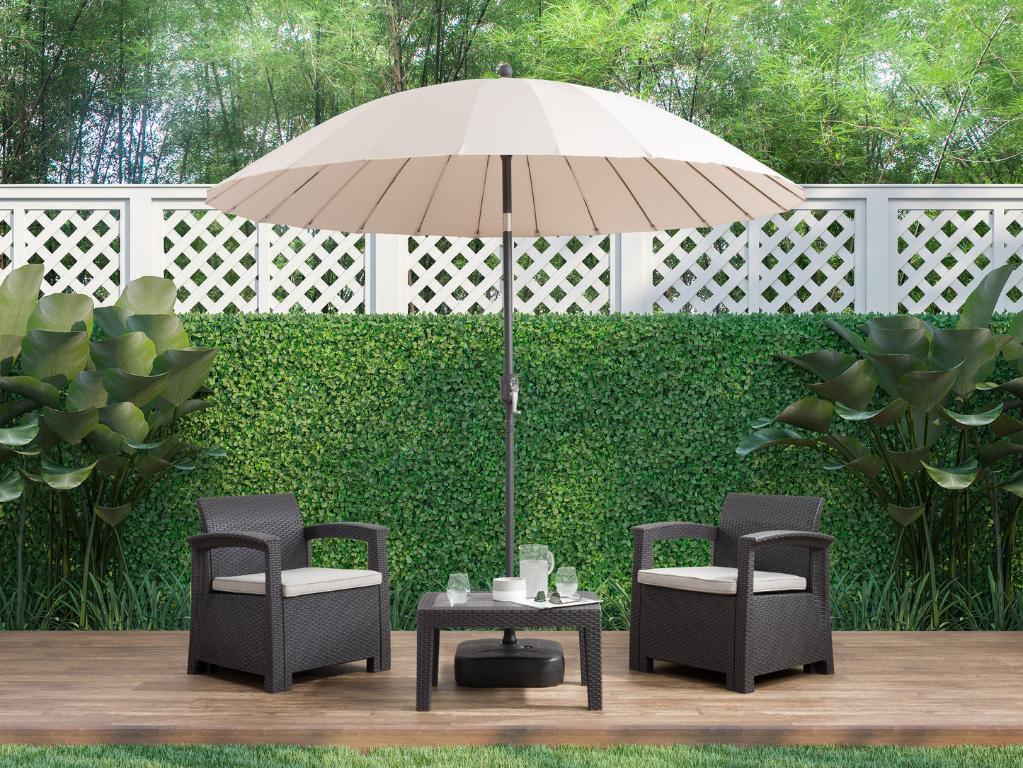 beige parasol umbrella, tilting  Sun Shield Collection lifestyle scene CorLiving#color_beige
