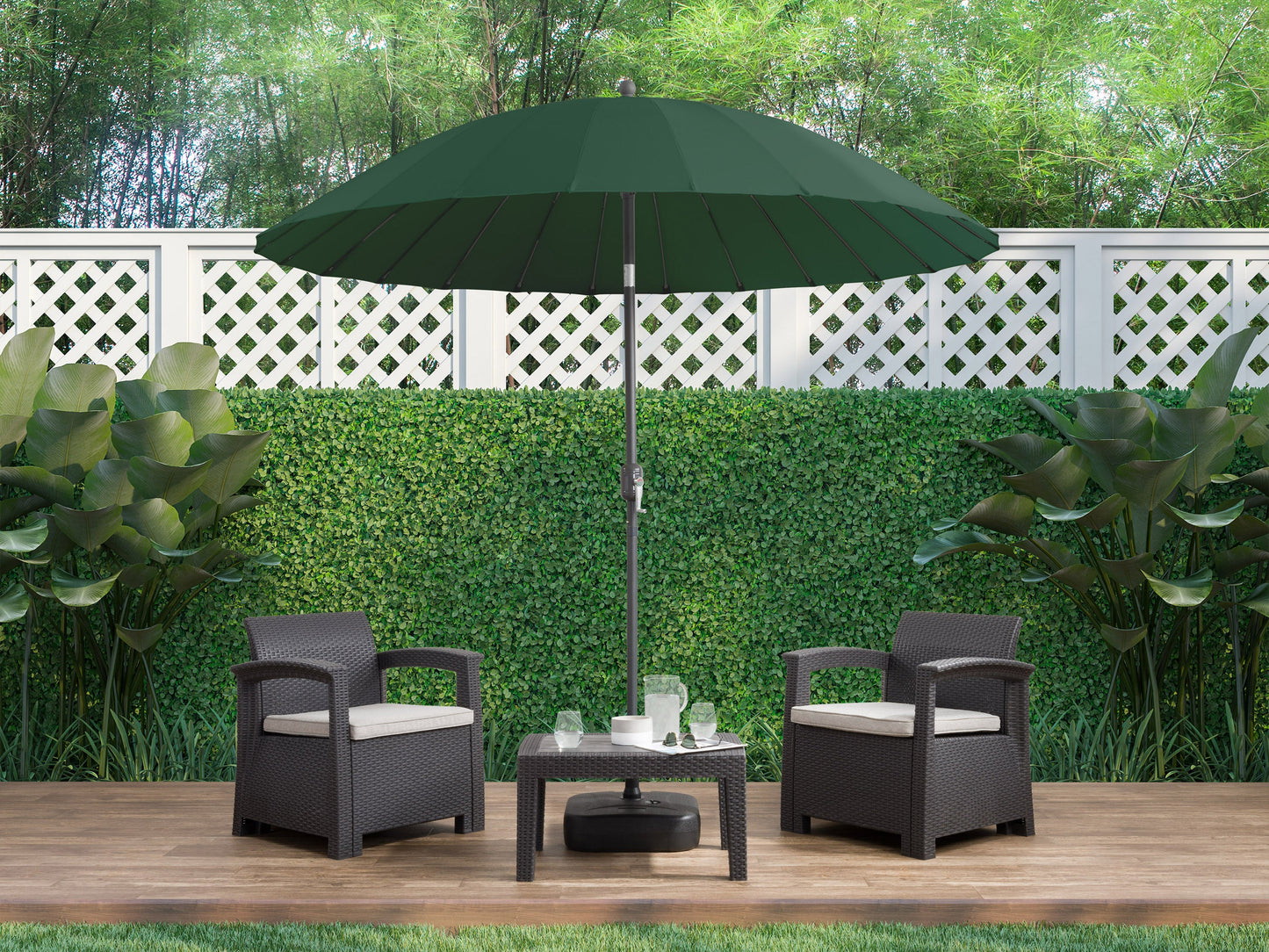 dark green parasol umbrella, tilting  Sun Shield Collection lifestyle scene CorLiving#color_dark-green