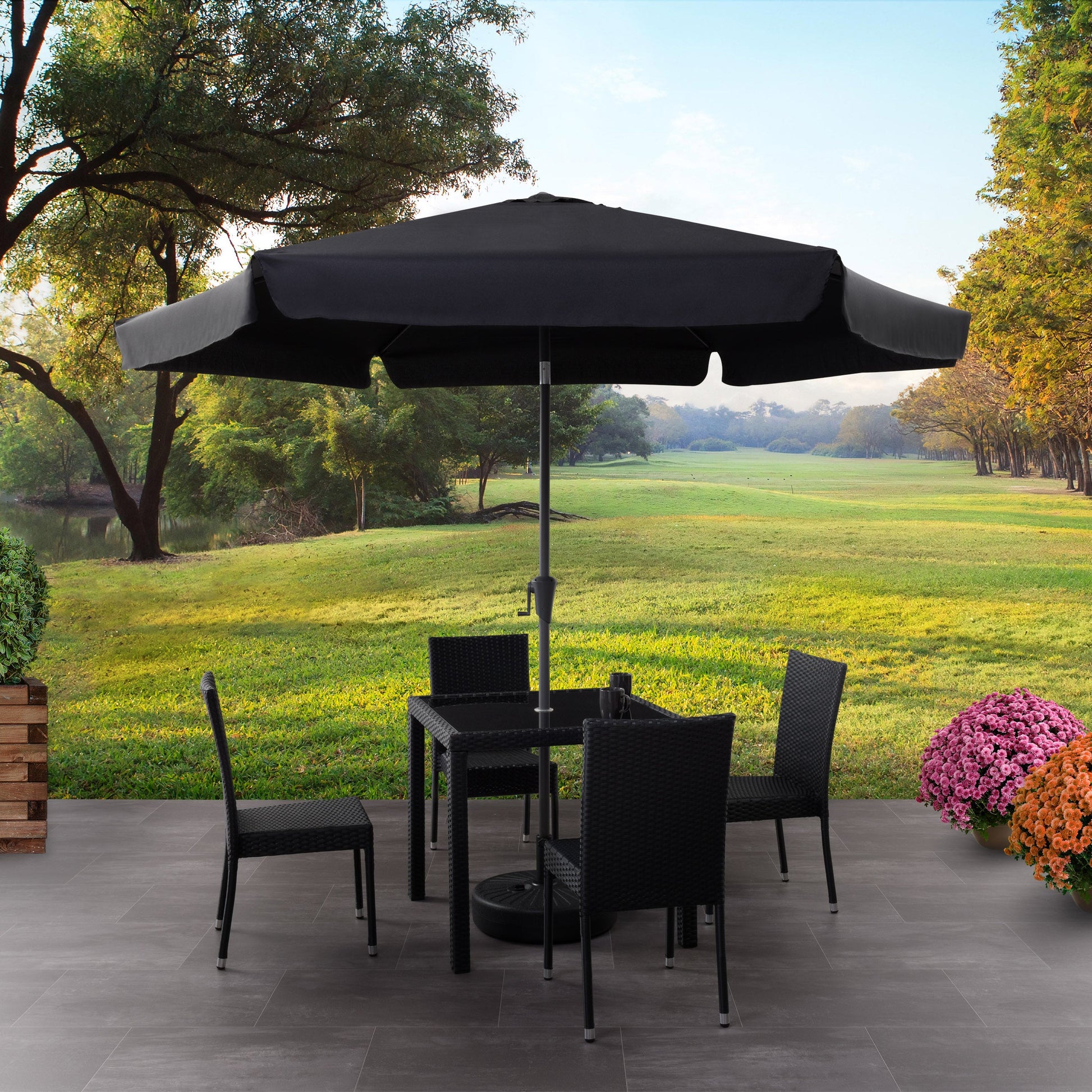black 10ft patio umbrella, round tilting with base 200 Series lifestyle scene CorLiving#color_black