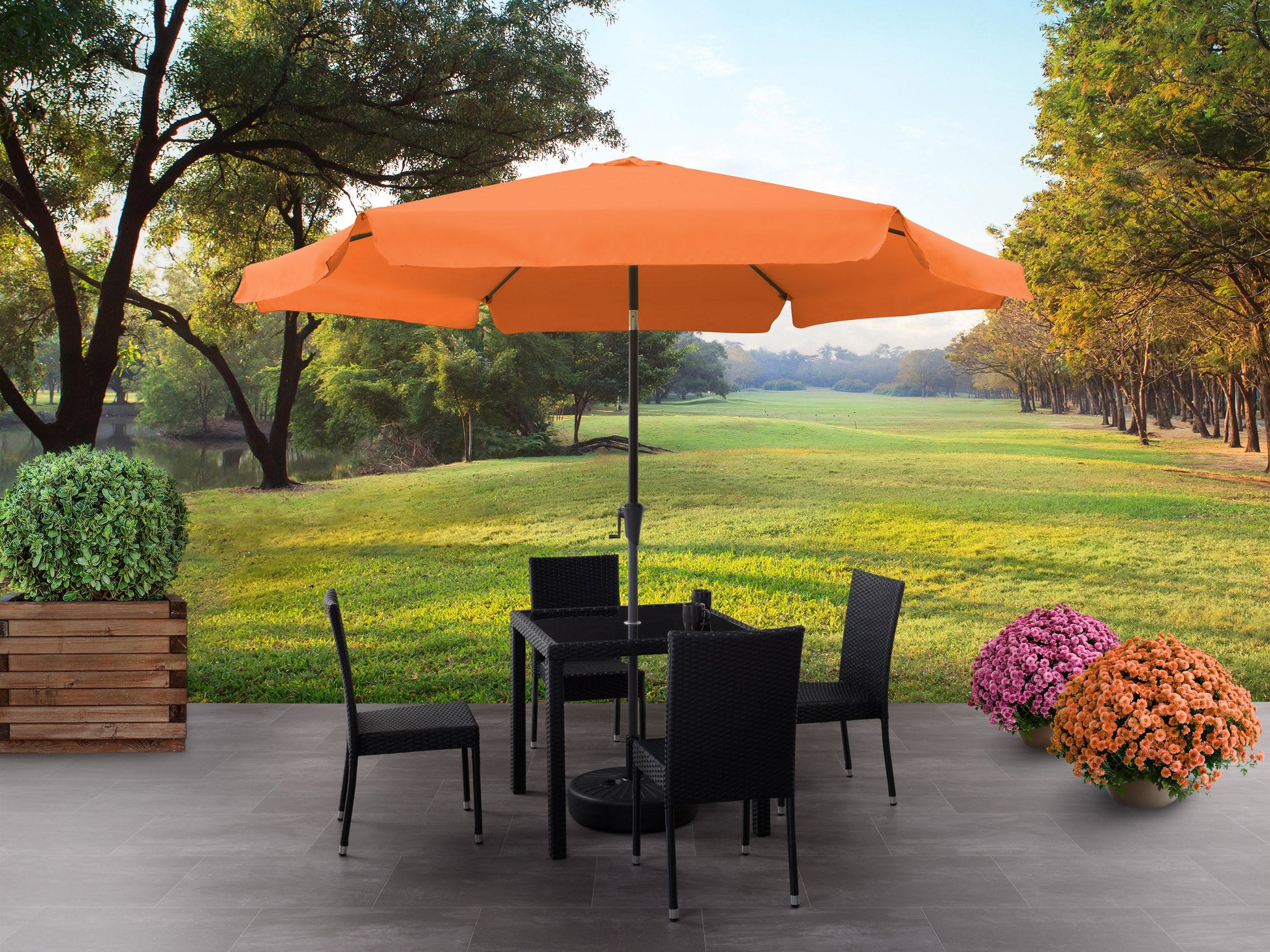 orange 10ft patio umbrella, round tilting 200 Series lifestyle scene CorLiving#color_orange