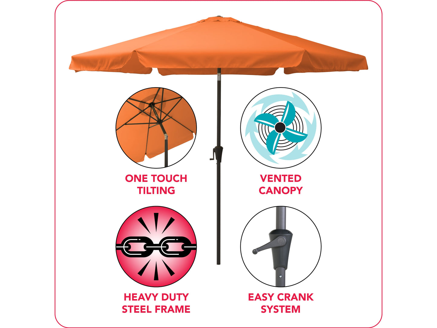 orange 10ft patio umbrella, round tilting 200 Series infographic CorLiving#color_orange