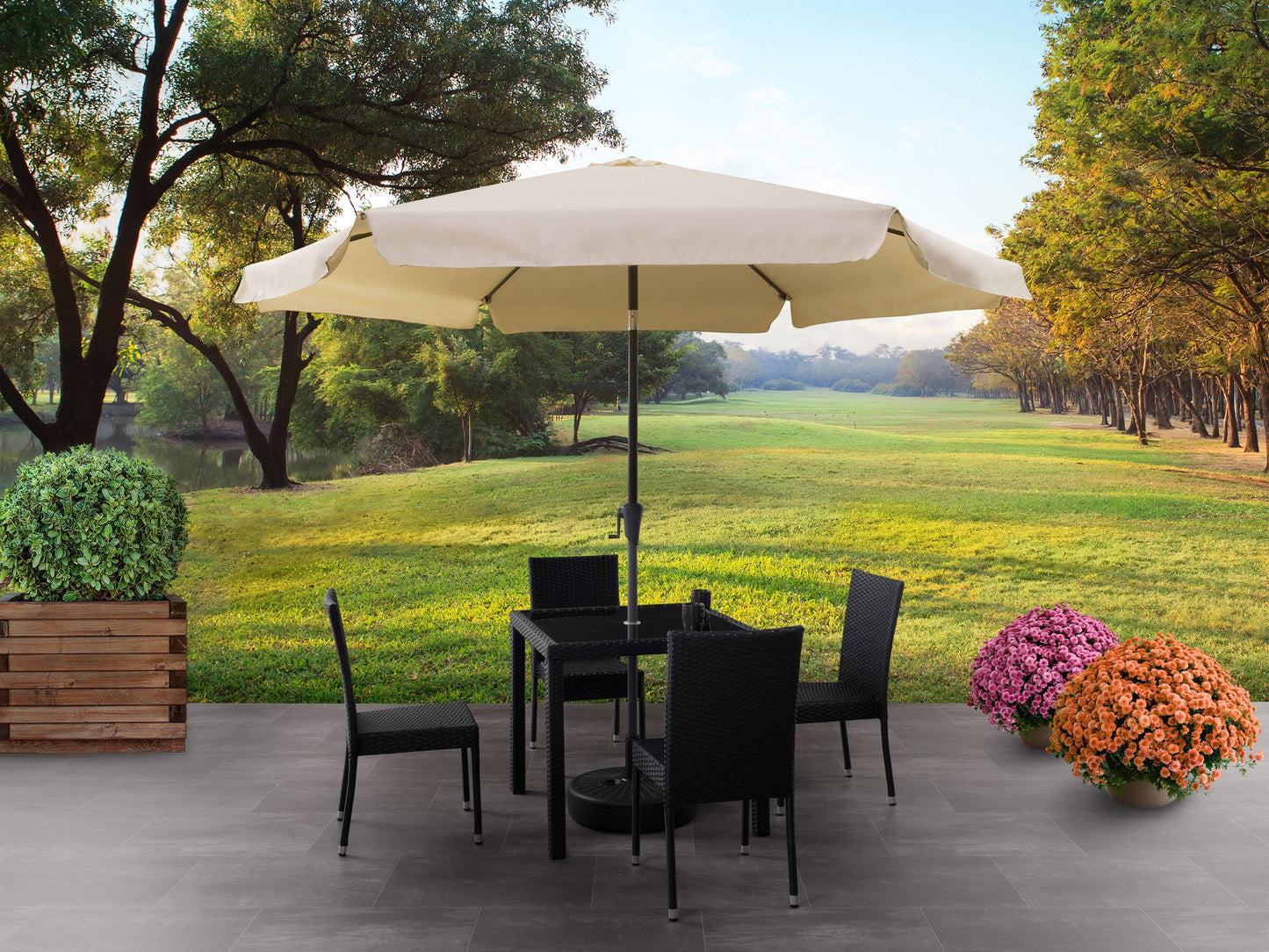 warm white 10ft patio umbrella, round tilting 200 Series lifestyle scene CorLiving#color_warm-white