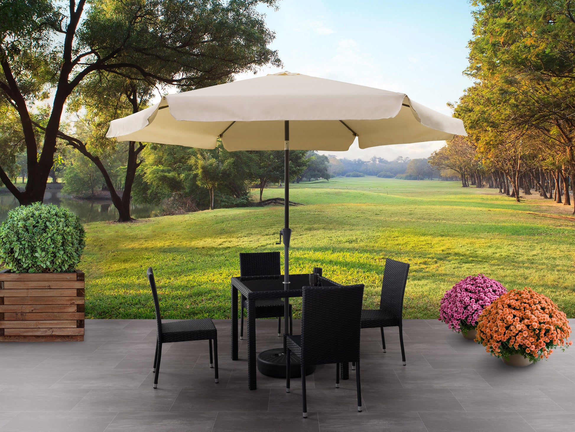warm white 10ft patio umbrella, round tilting 200 Series lifestyle scene CorLiving#color_warm-white