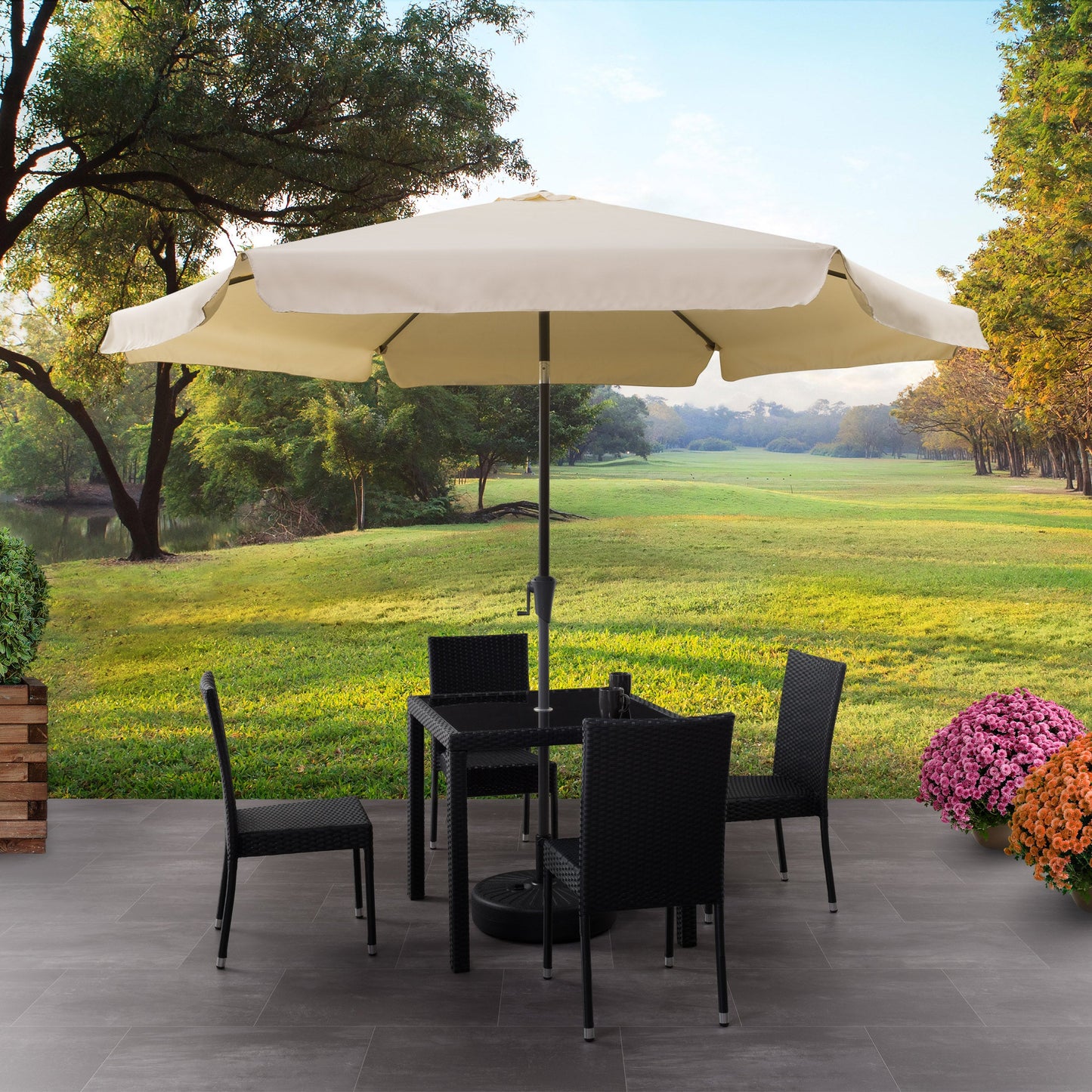 warm white 10ft patio umbrella, round tilting with base 200 Series lifestyle scene CorLiving#color_warm-white