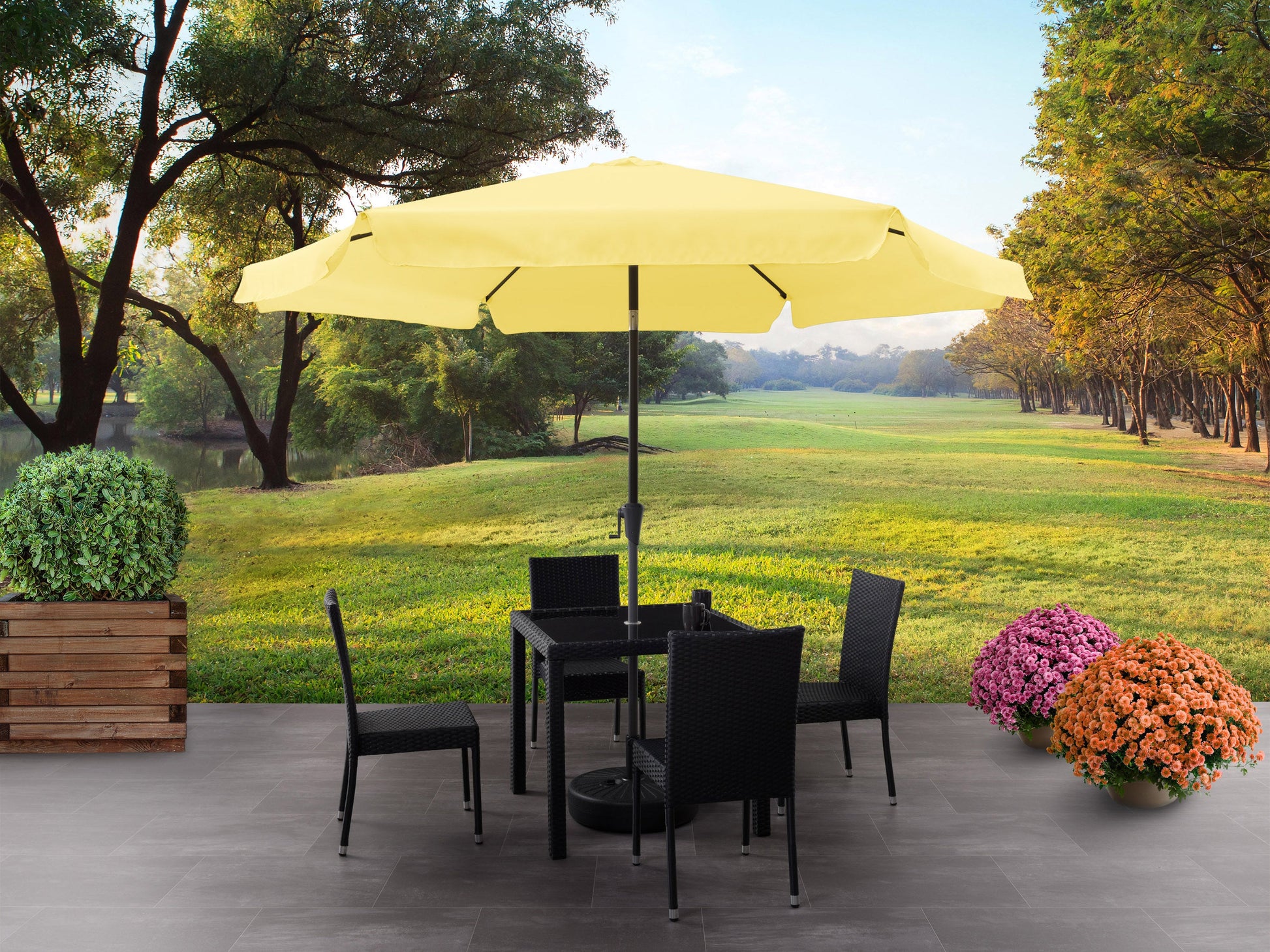 yellow 10ft patio umbrella, round tilting 200 Series lifestyle scene CorLiving#color_yellow
