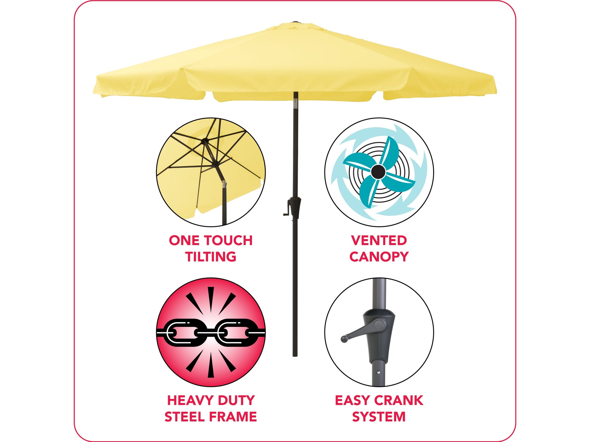 yellow 10ft patio umbrella, round tilting 200 Series infographic CorLiving#color_yellow