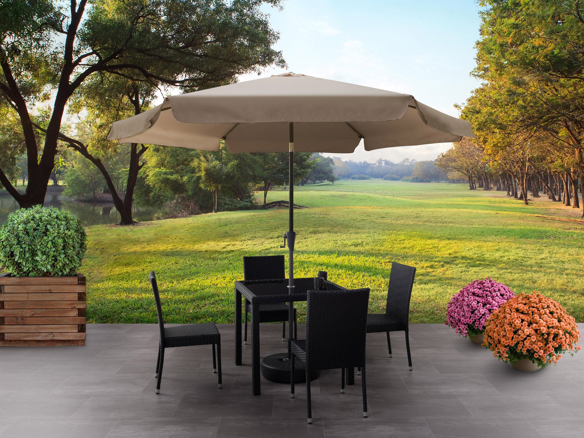 sandy brown 10ft patio umbrella, round tilting 200 Series lifestyle scene CorLiving#color_sandy-brown