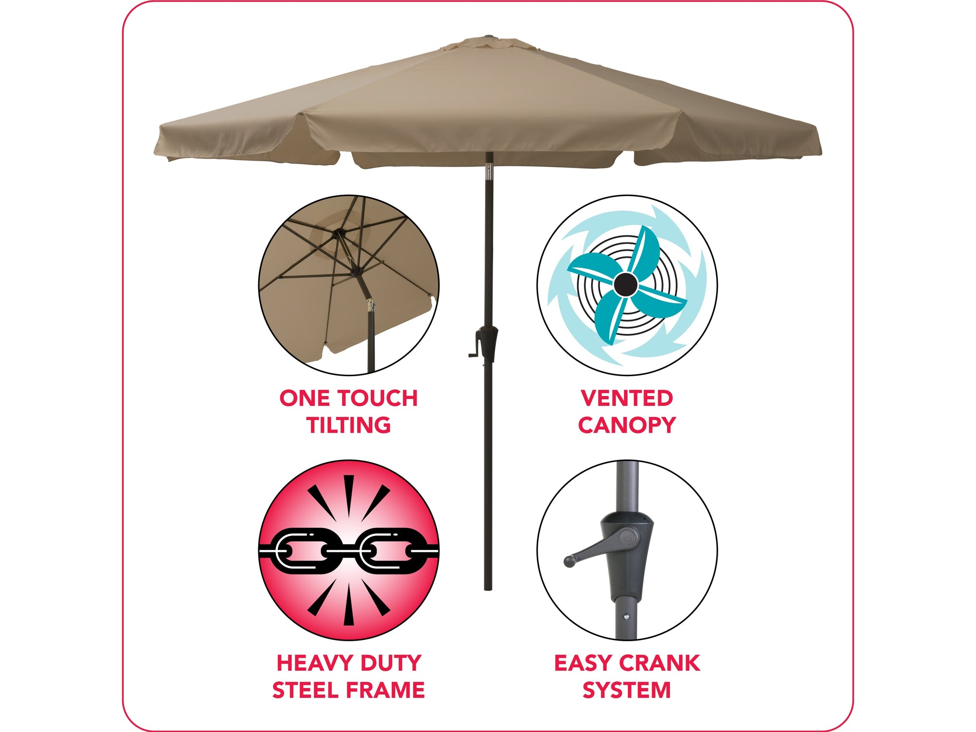 sandy brown 10ft patio umbrella, round tilting 200 Series infographic CorLiving#color_sandy-brown