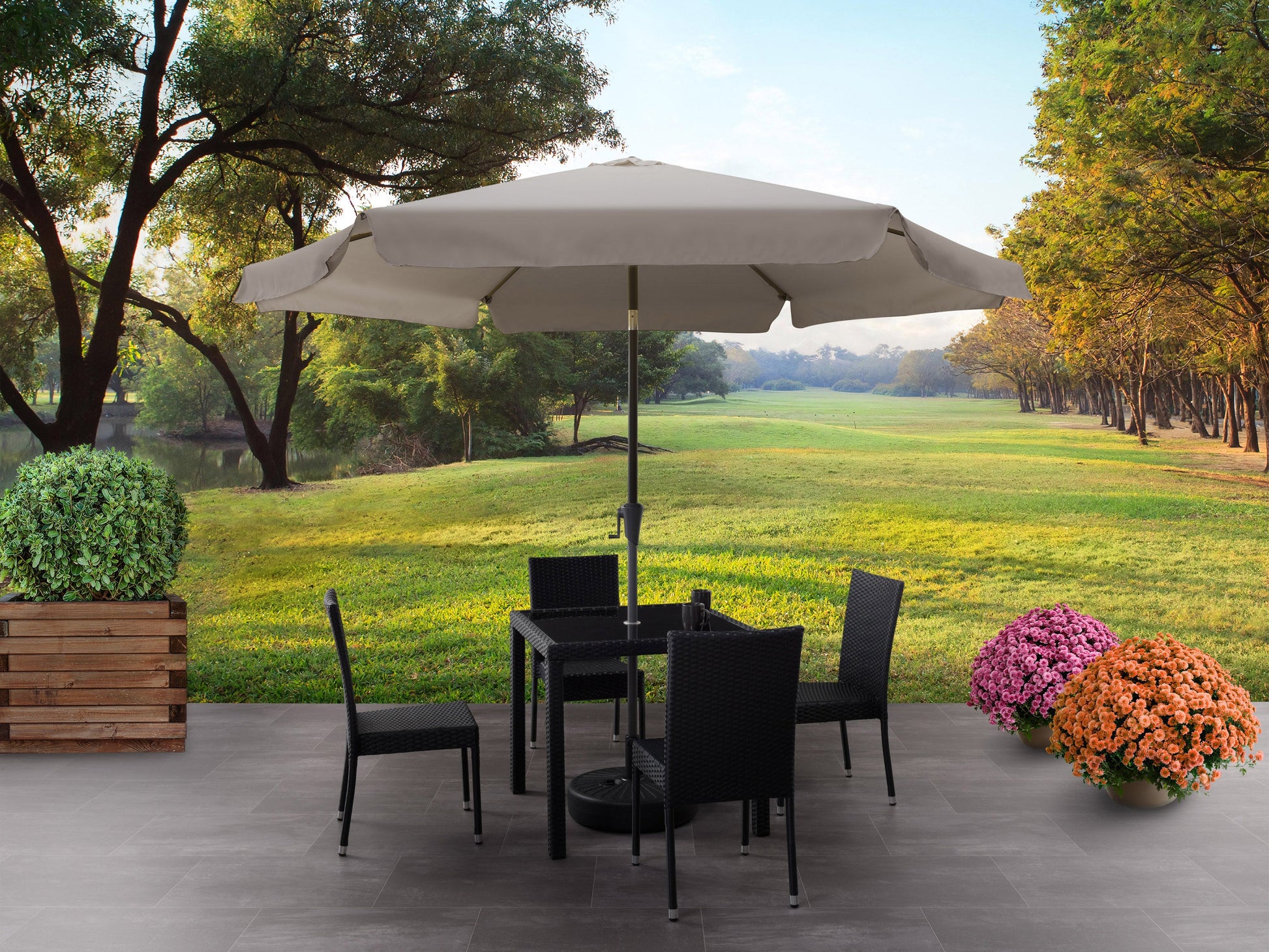 sandy grey 10ft patio umbrella, round tilting 200 Series lifestyle scene CorLiving#color_sandy-grey