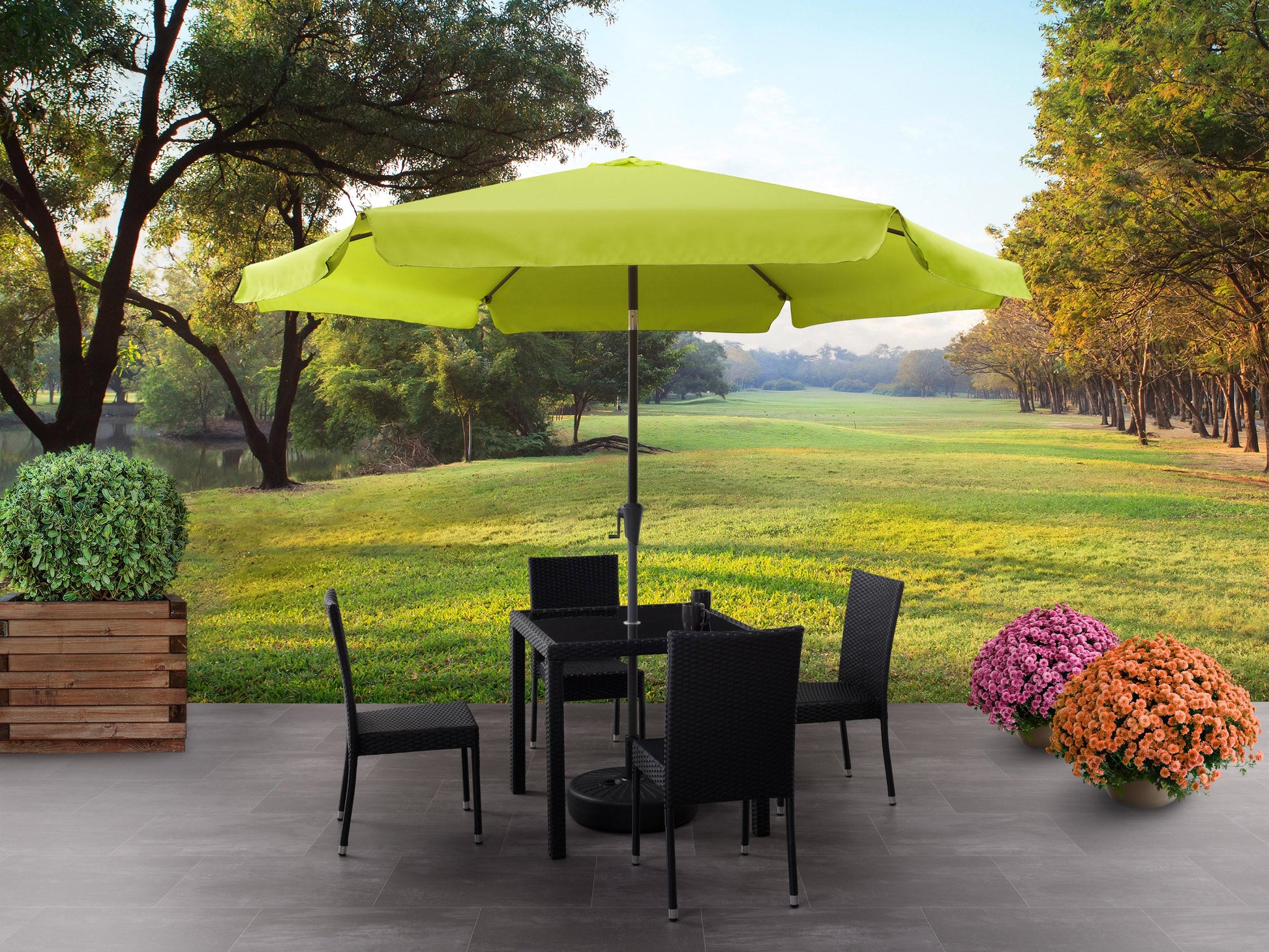 lime green 10ft patio umbrella, round tilting 200 Series lifestyle scene CorLiving#color_lime-green