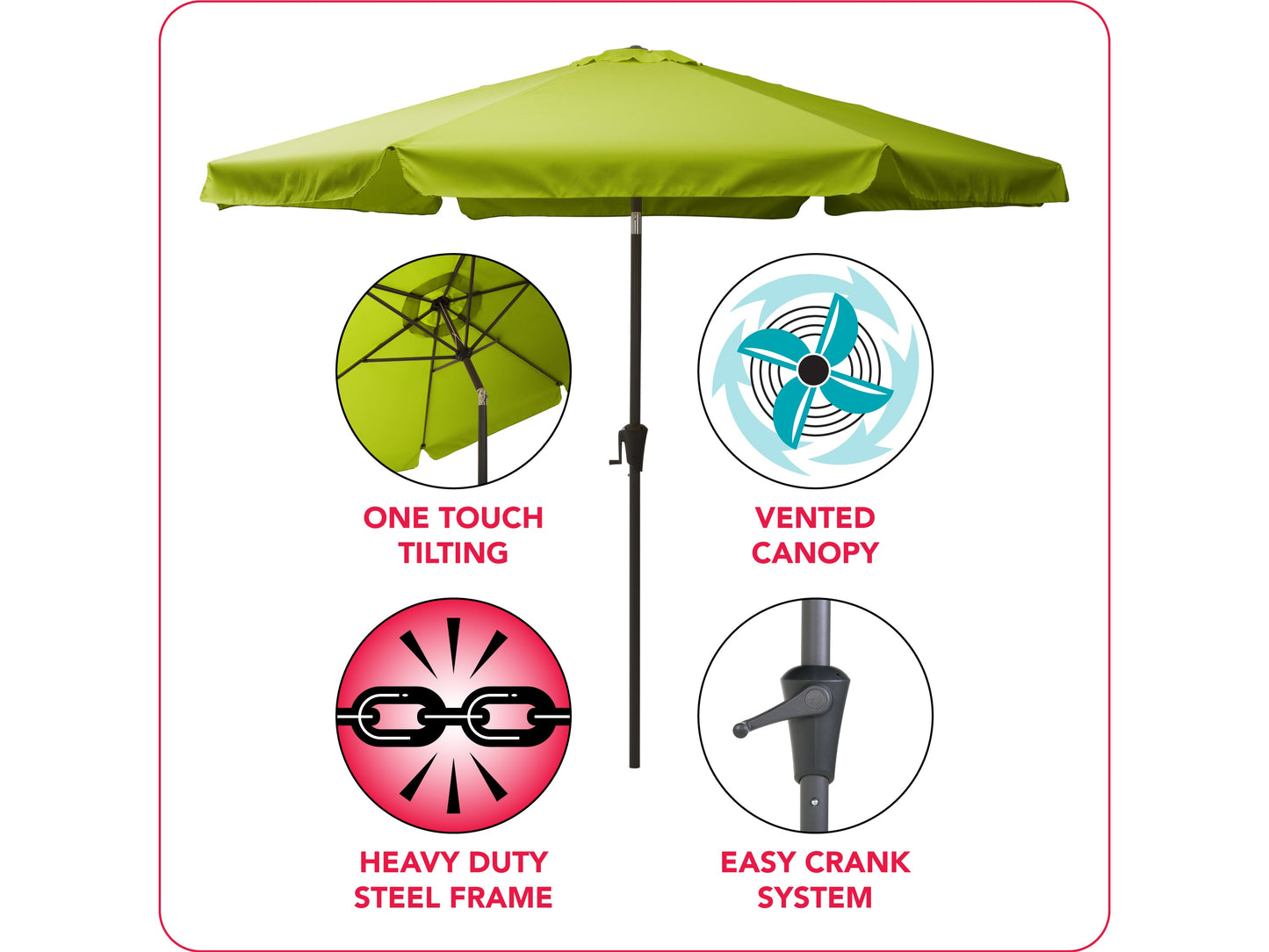 lime green 10ft patio umbrella, round tilting 200 Series infographic CorLiving#color_lime-green