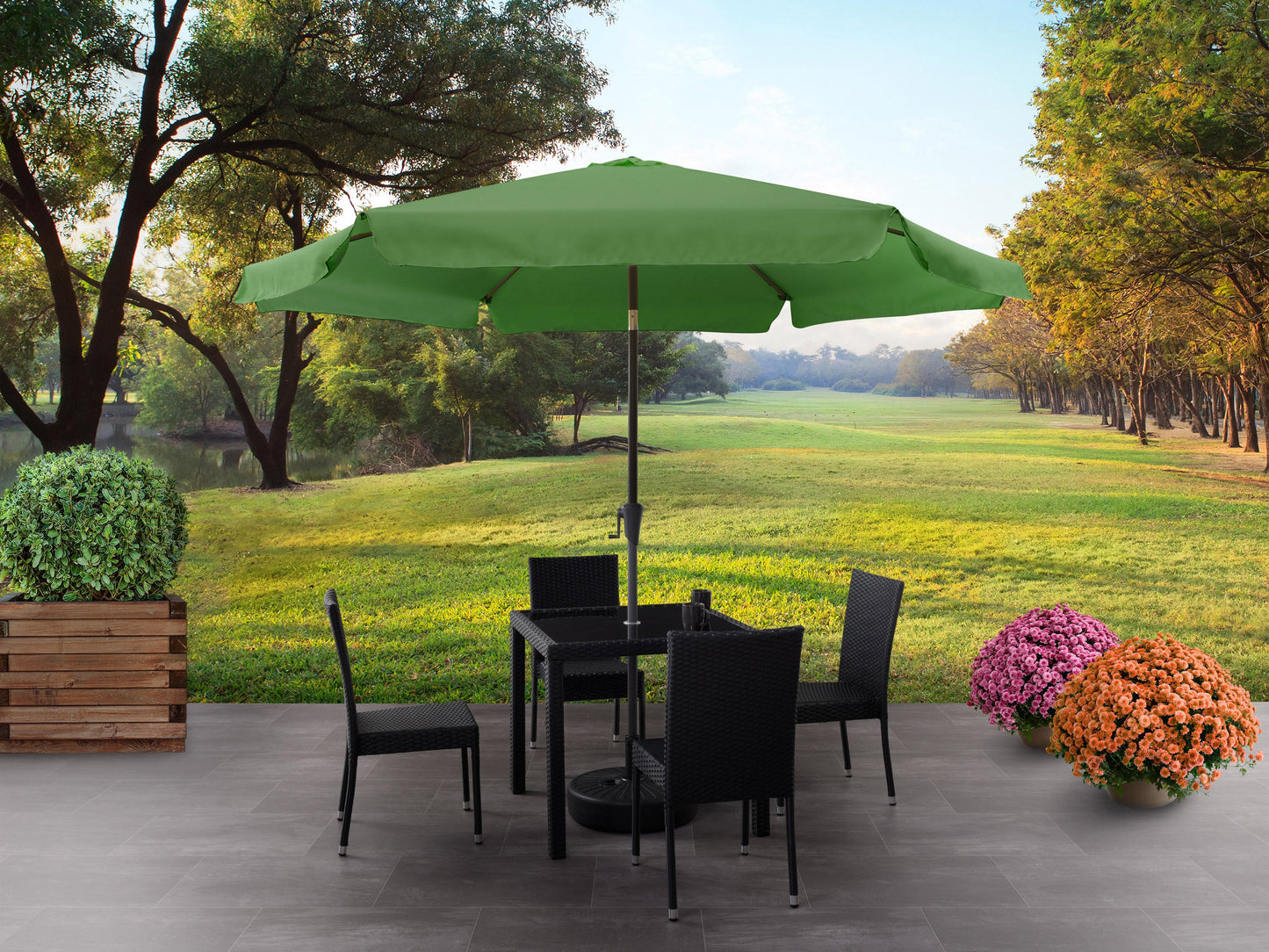 forest green 10ft patio umbrella, round tilting 200 Series lifestyle scene CorLiving#color_forest-green