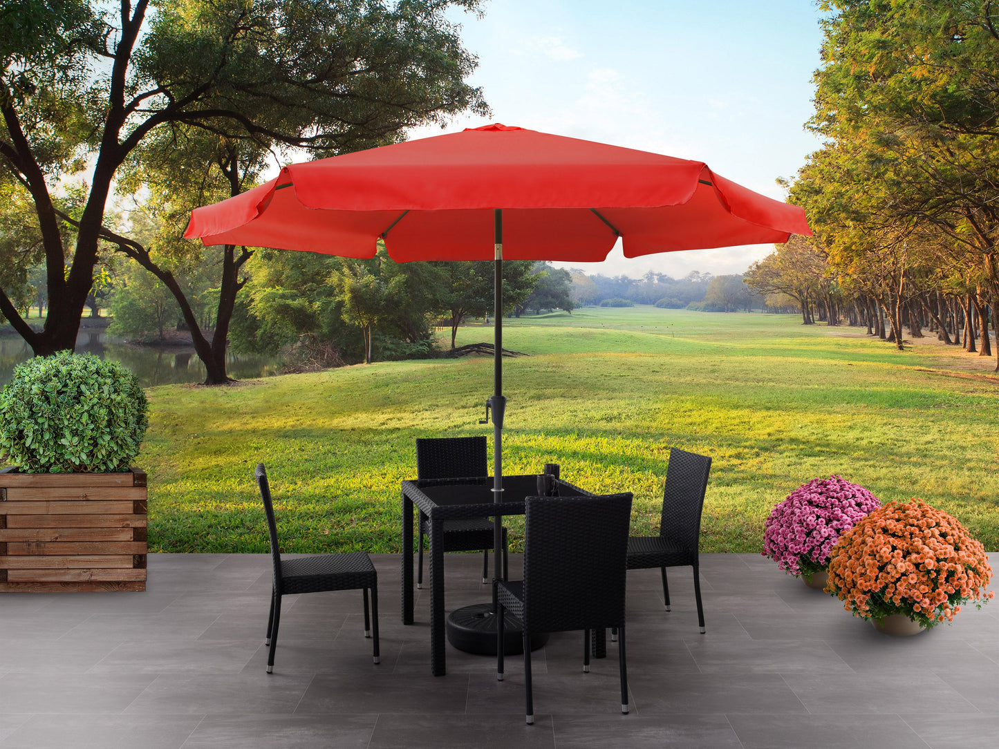 crimson red 10ft patio umbrella, round tilting 200 Series lifestyle scene CorLiving#color_crimson-red