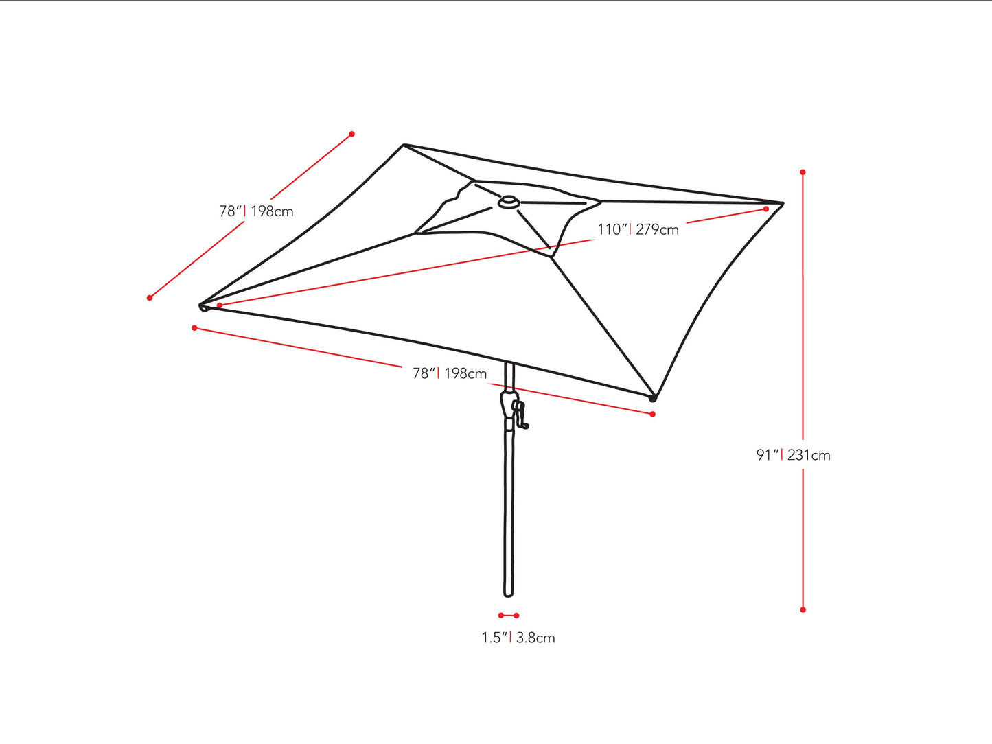 black square patio umbrella, tilting 300 Series measurements diagram CorLiving#color_black