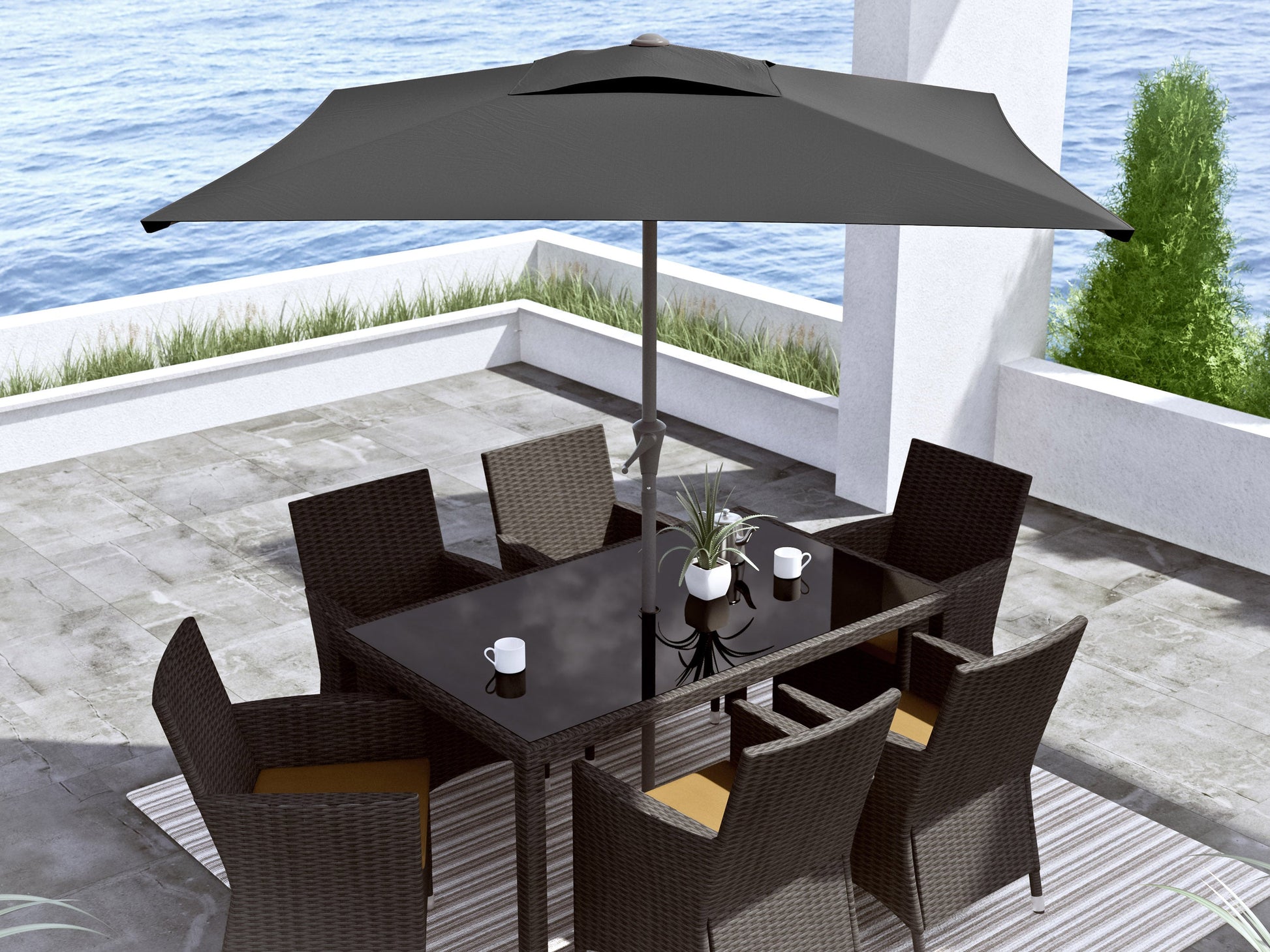 black square patio umbrella, tilting 300 Series lifestyle scene CorLiving#color_black