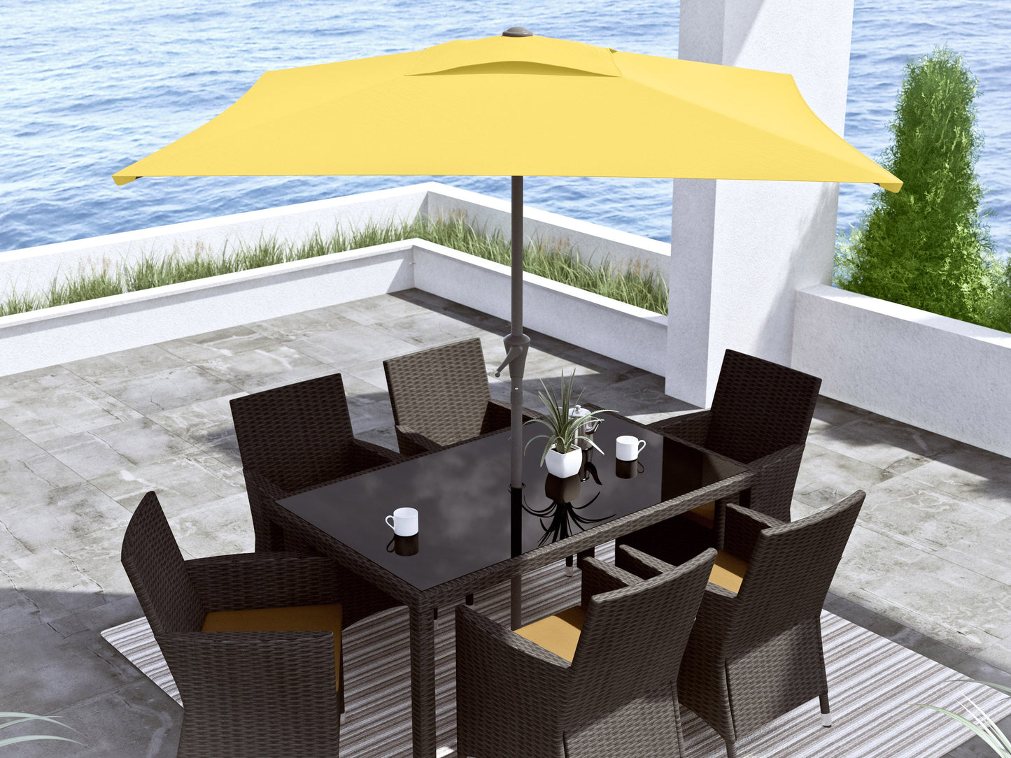 yellow square patio umbrella, tilting 300 Series lifestyle scene CorLiving#color_yellow
