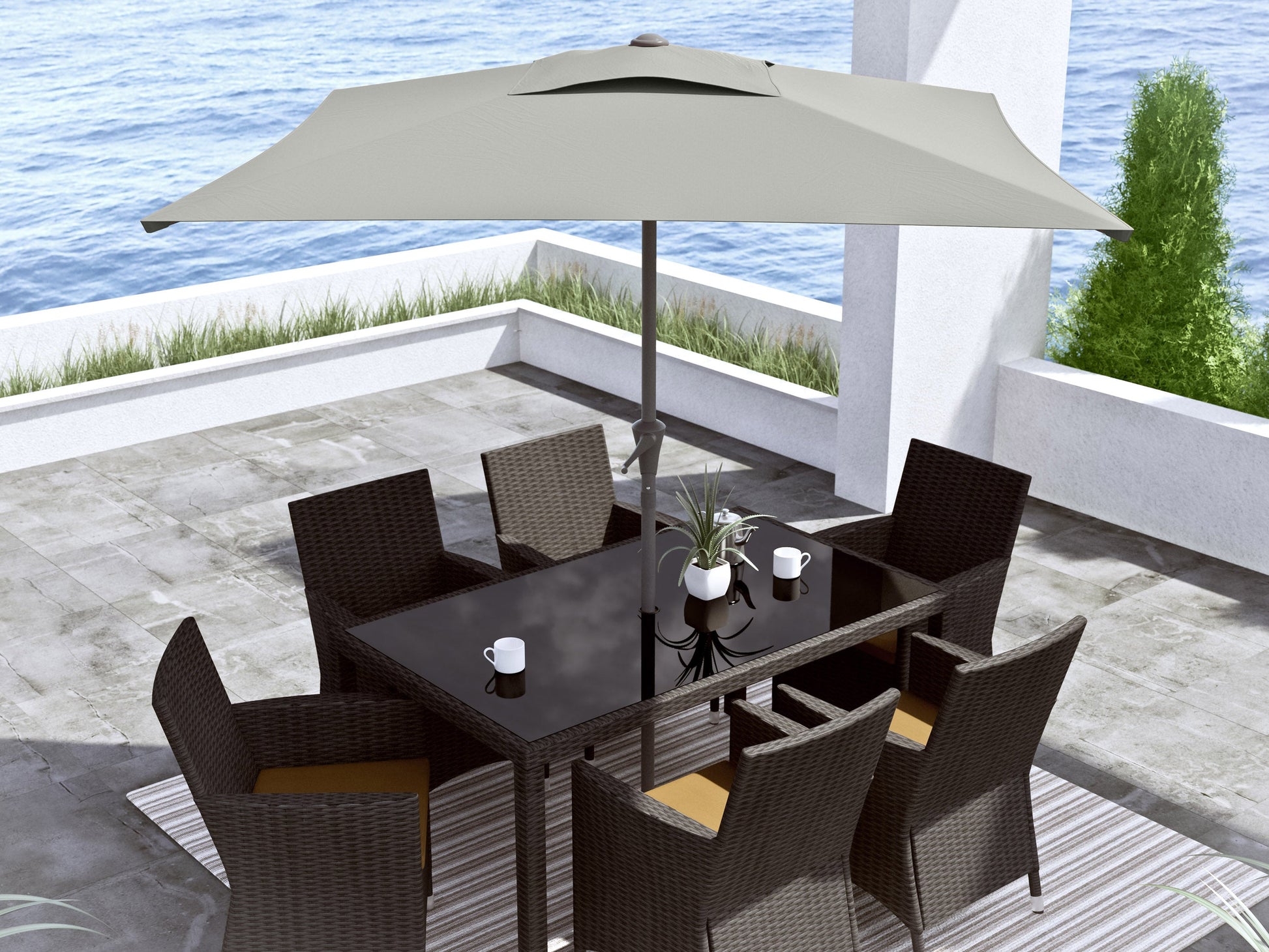 sandy grey  square patio umbrella, tilting 300 Series lifestyle scene CorLiving#color_sandy-grey 