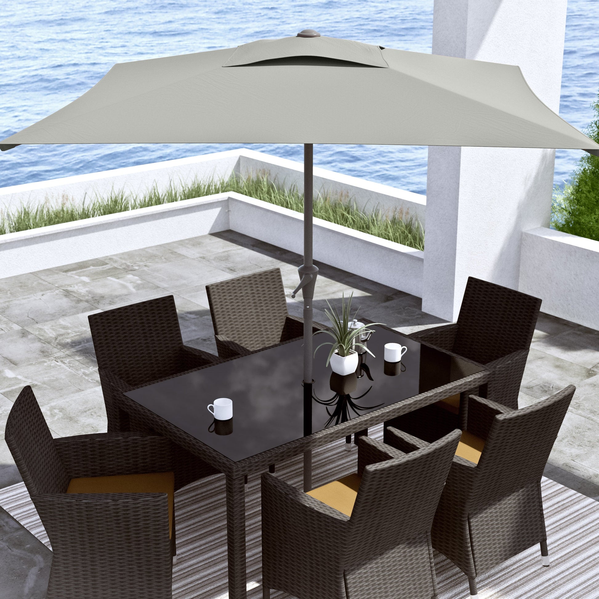 sand grey square patio umbrella, tilting with base 300 Series lifestyle scene CorLiving#color_sand-grey
