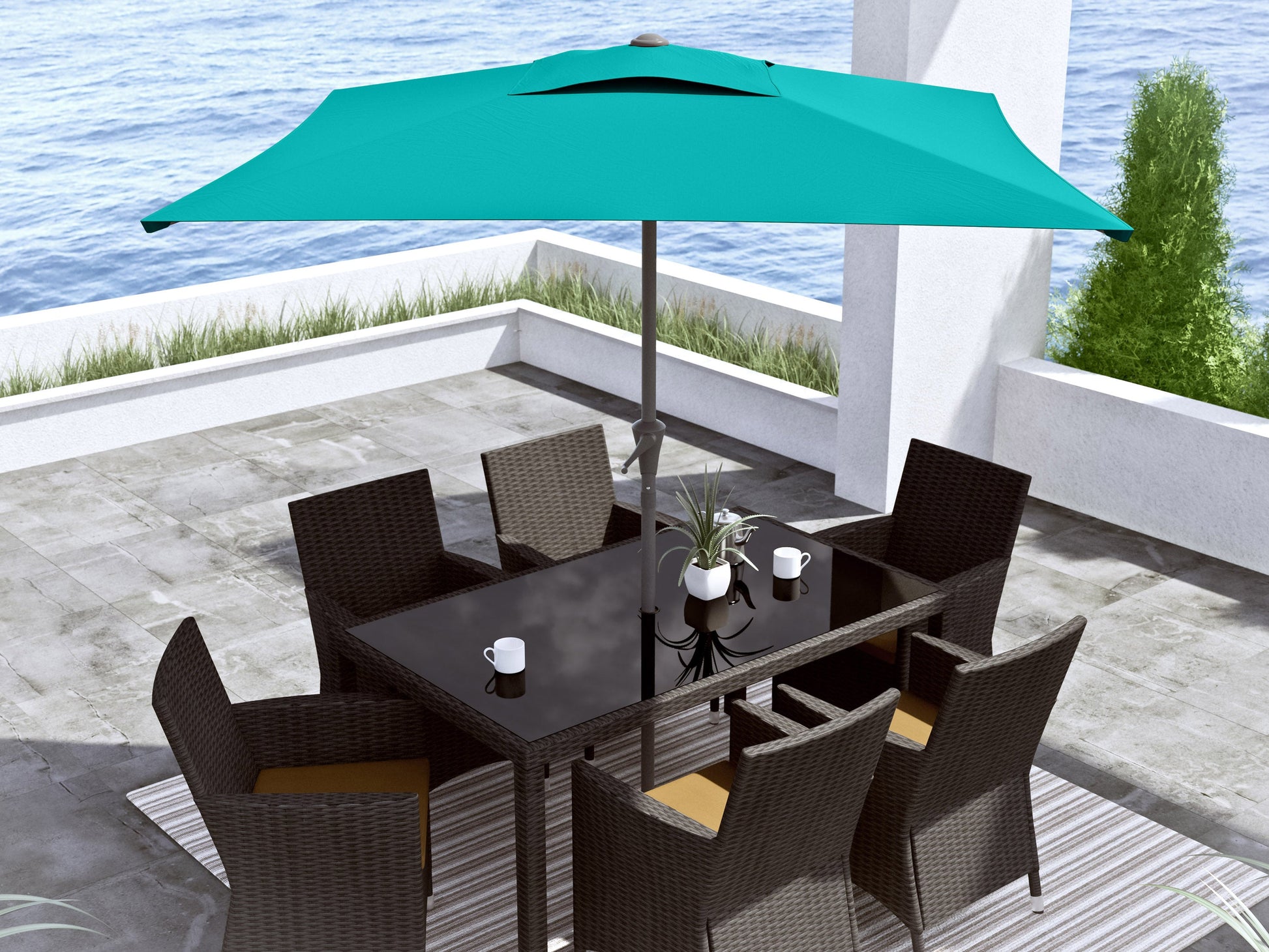 turquoise blue square patio umbrella, tilting 300 Series lifestyle scene CorLiving#color_turquoise-blue