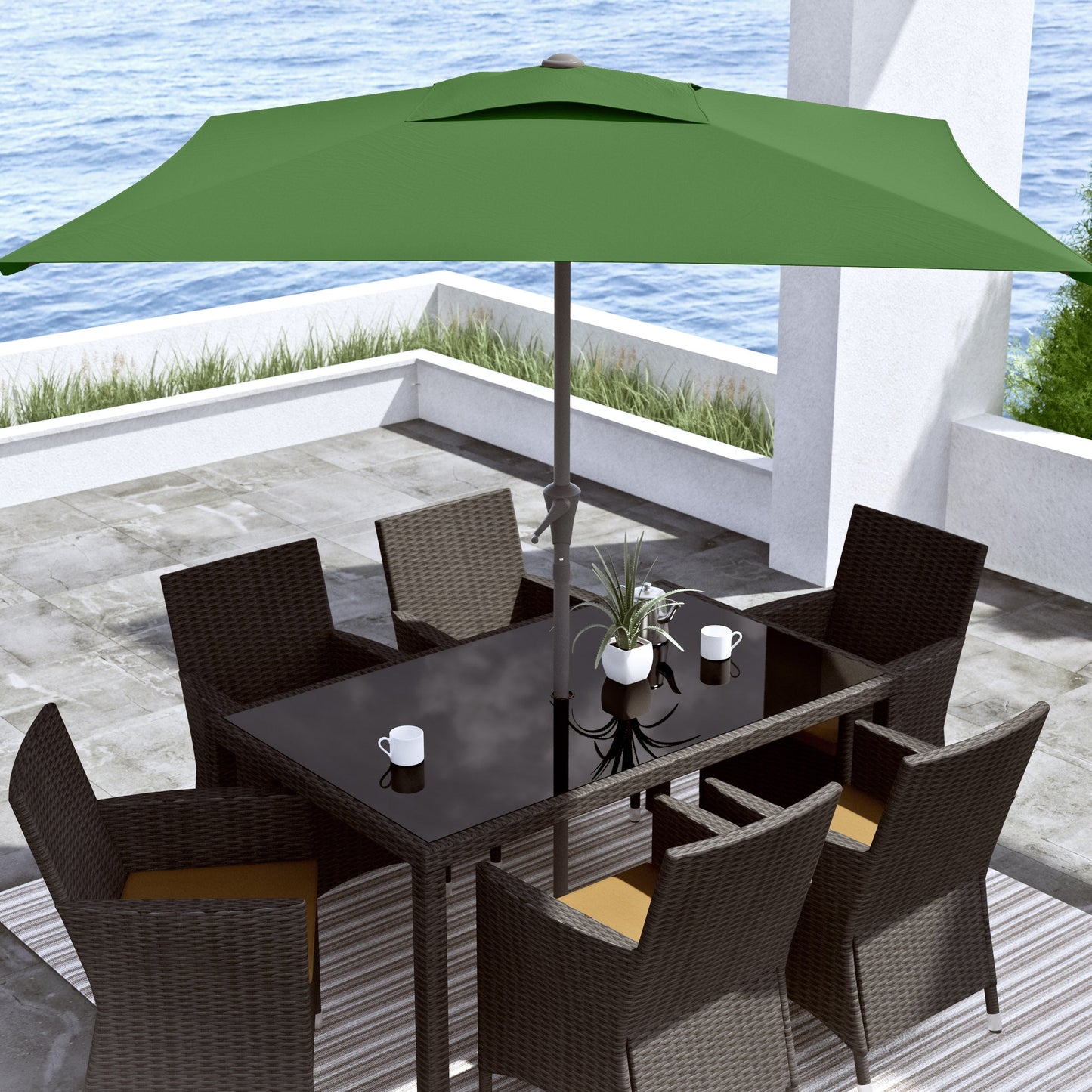 forest green square patio umbrella, tilting with base 300 Series lifestyle scene CorLiving#color_forest-green