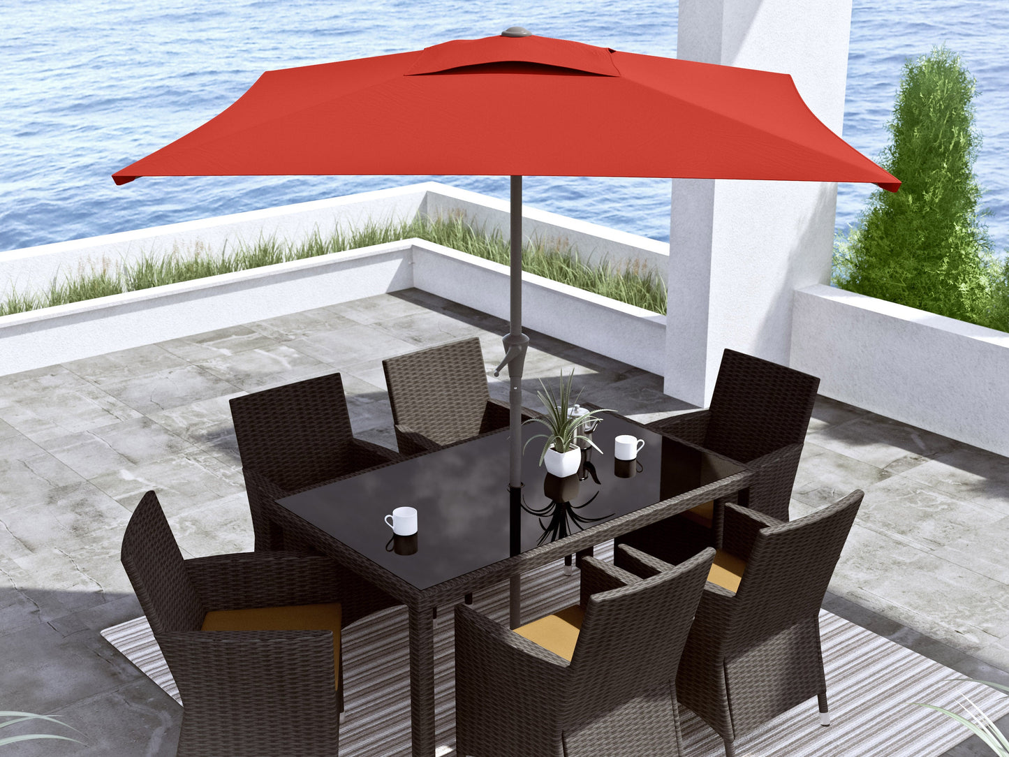 crimson red square patio umbrella, tilting 300 Series lifestyle scene CorLiving#color_crimson-red