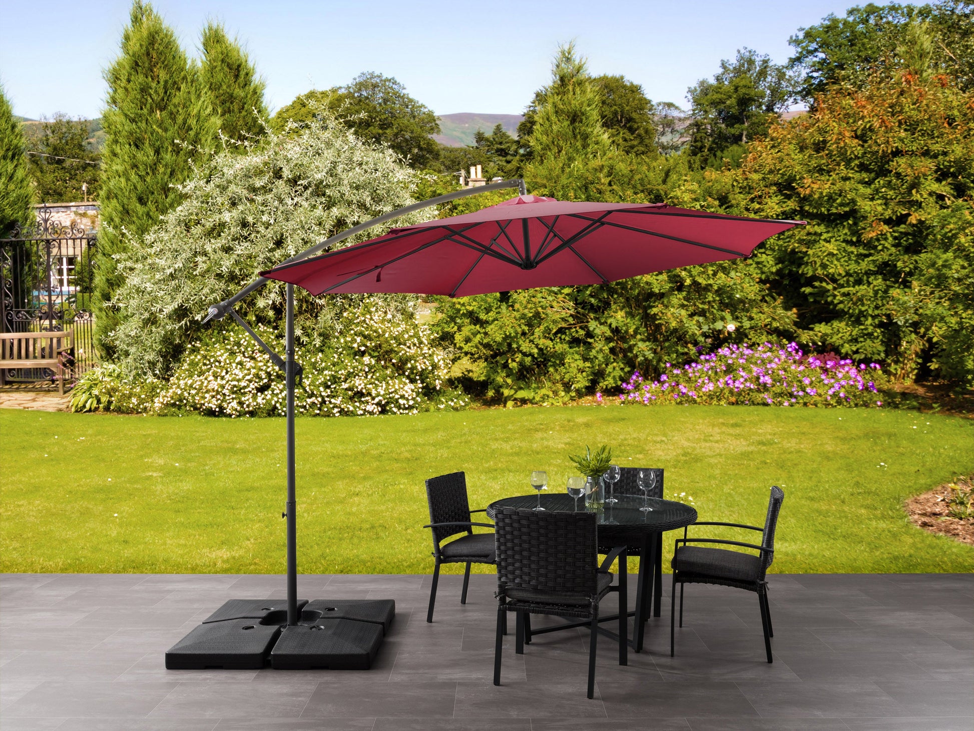 wine red offset patio umbrella 400 Series lifestyle scene CorLiving#color_wine-red