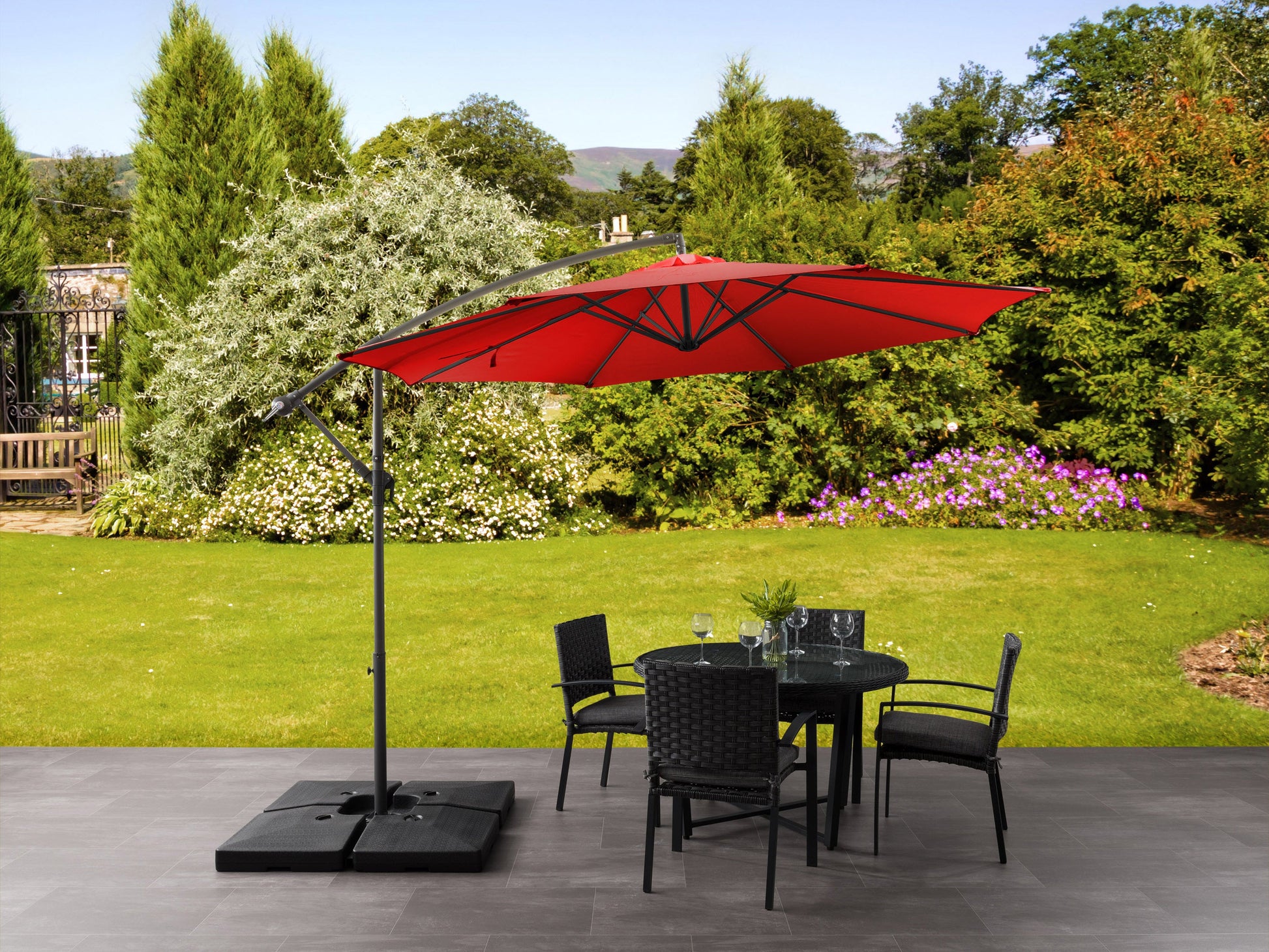 crimson red offset patio umbrella 400 Series lifestyle scene CorLiving#color_crimson-red