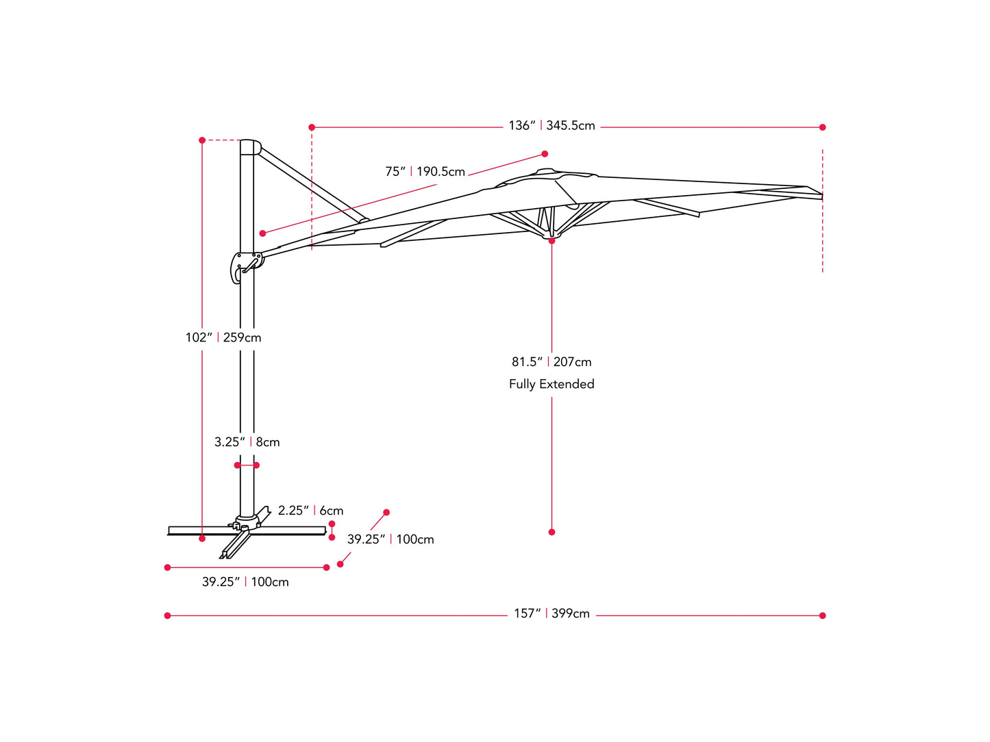 black deluxe offset patio umbrella 500 Series measurements diagram CorLiving#color_black