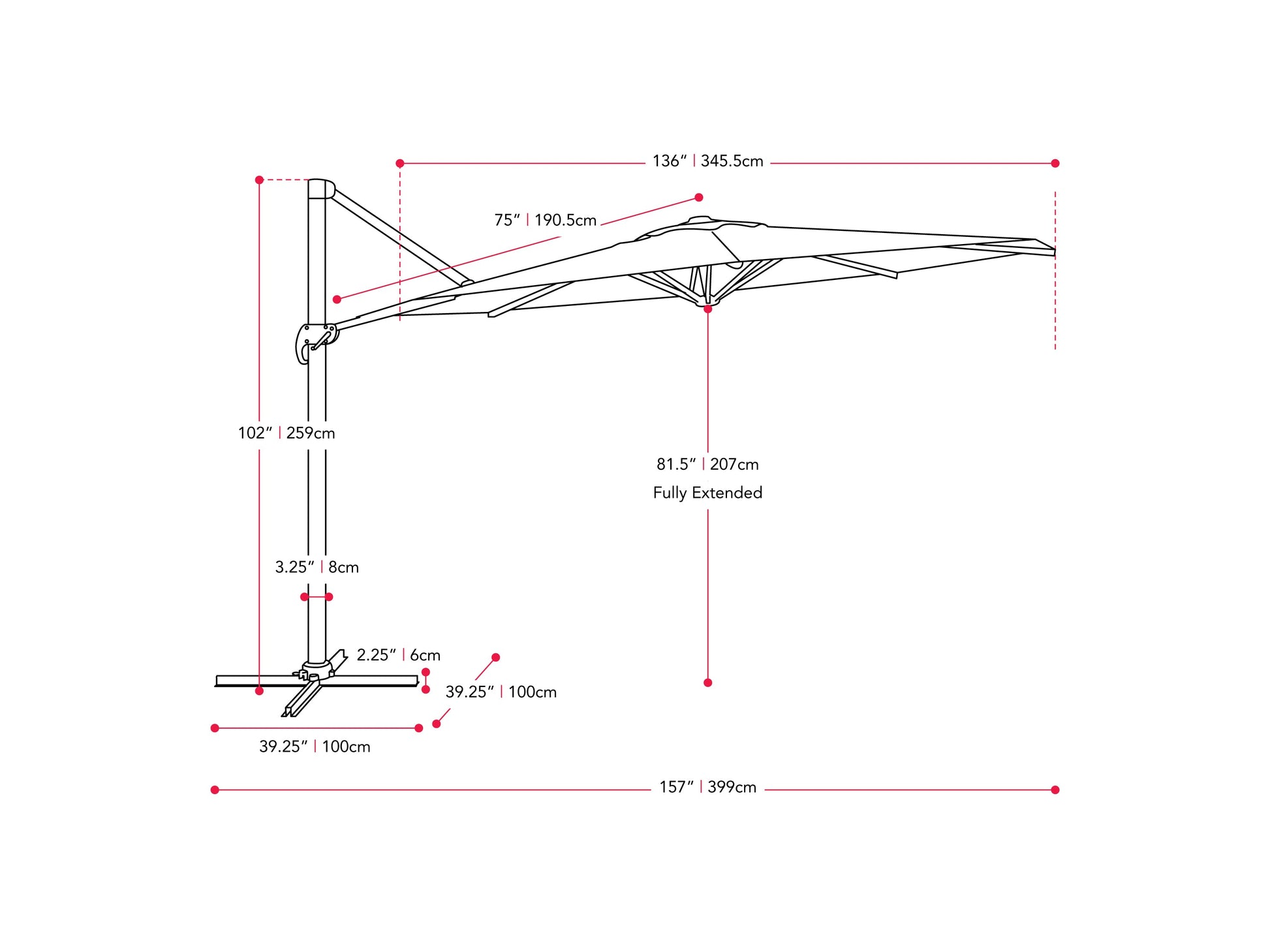 black deluxe offset patio umbrella 500 Series measurements diagram CorLiving#color_black