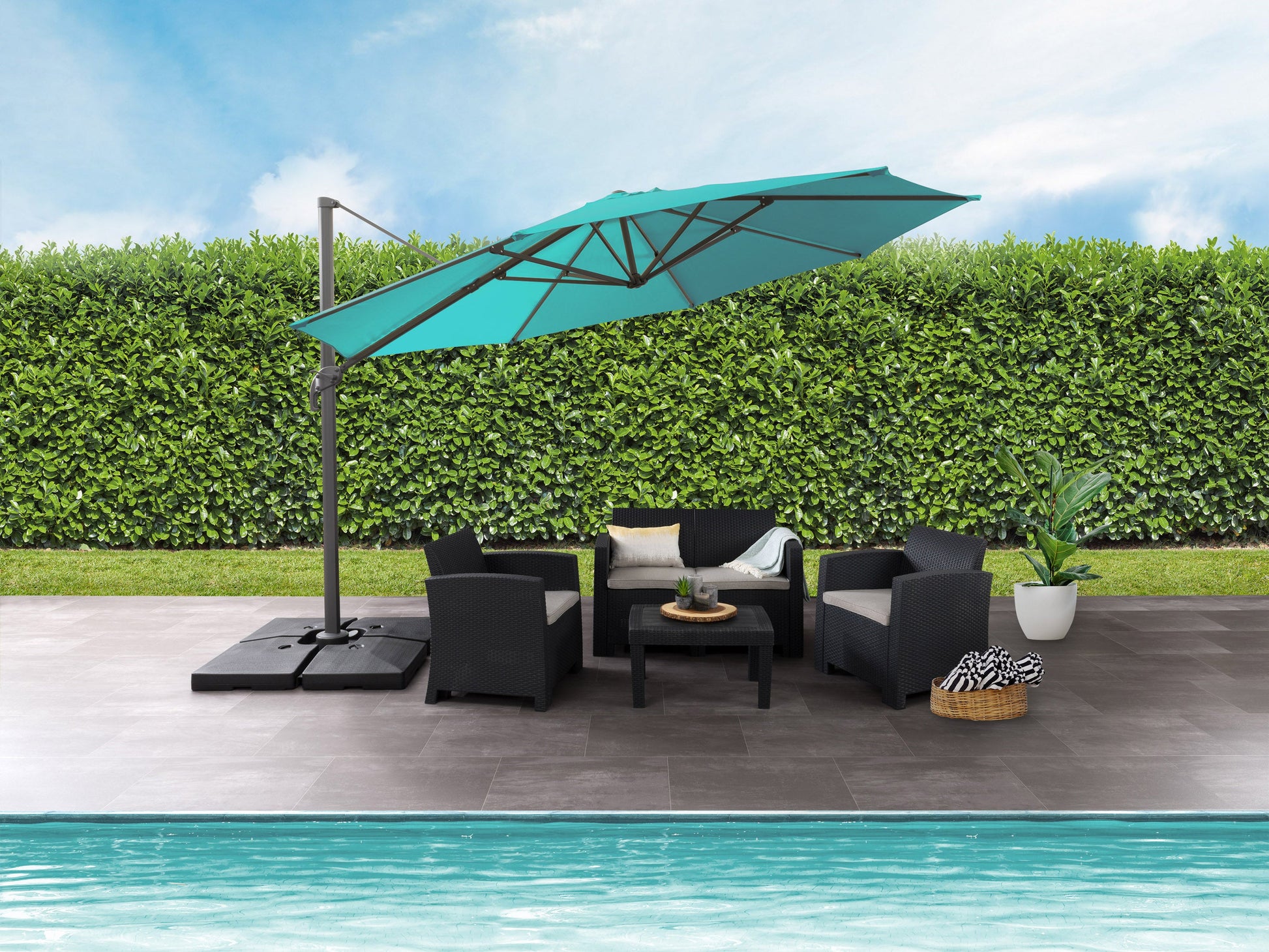 turquoise blue deluxe offset patio umbrella 500 Series lifestyle scene CorLiving#color_turquoise-blue