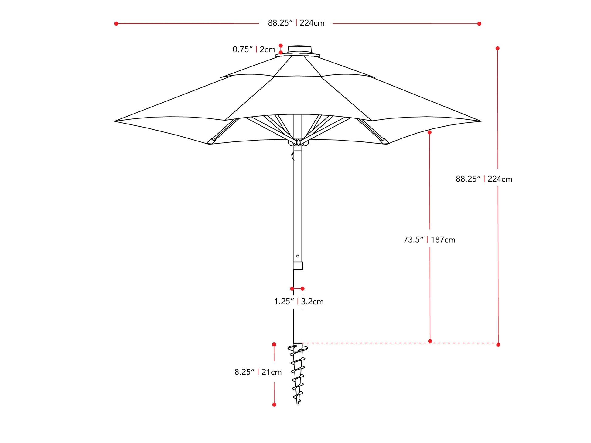 orange beach umbrella 600 Series measurements diagram CorLiving#color_orange
