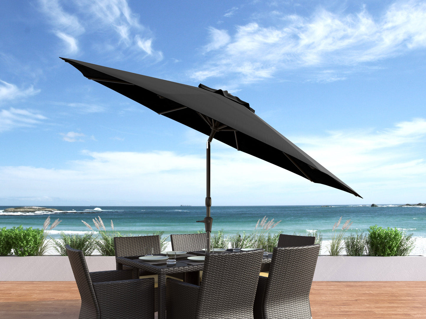 black large patio umbrella, tilting 700 Series lifestyle scene CorLiving#color_black