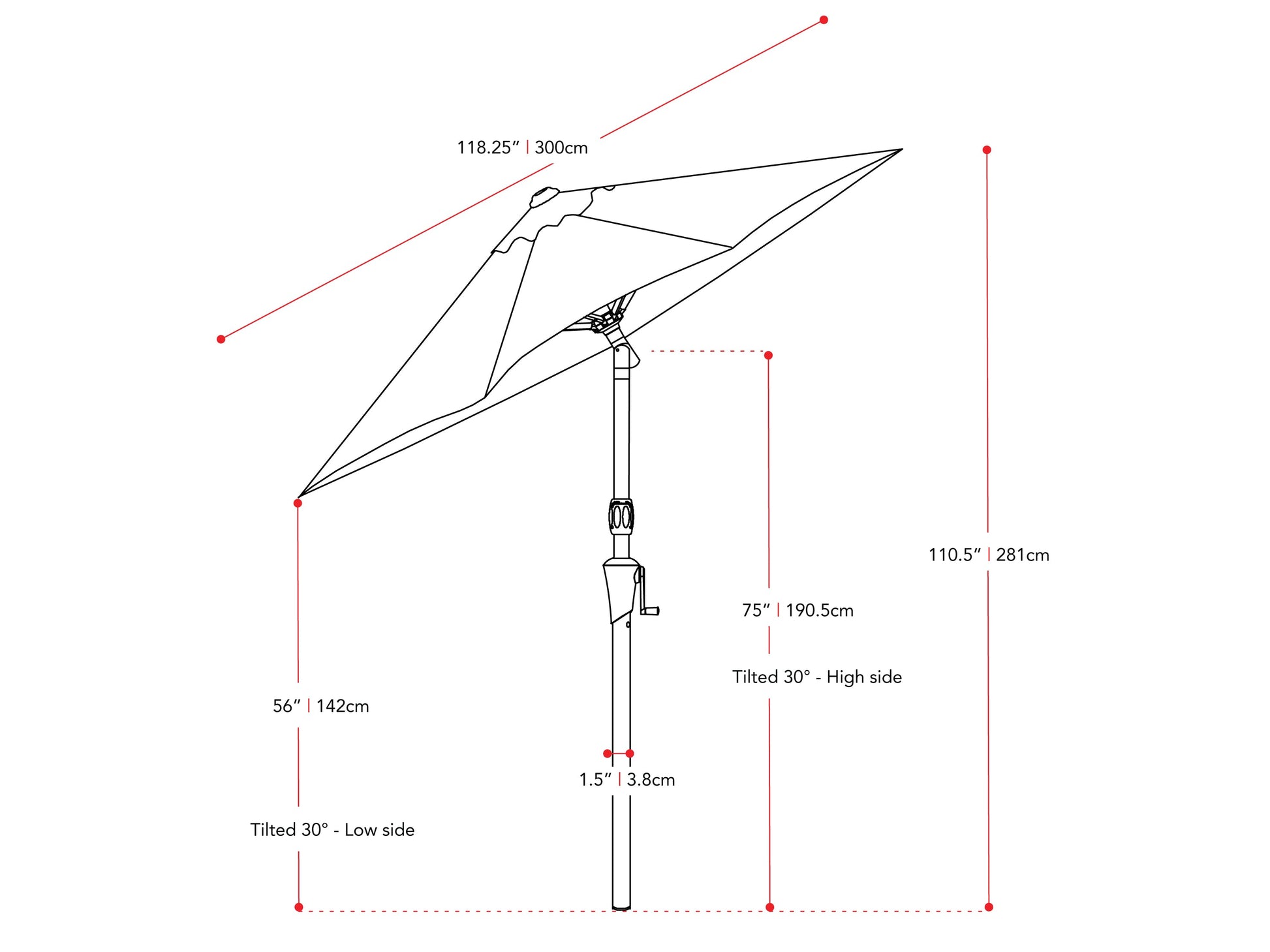 orange large patio umbrella, tilting 700 Series measurements diagram CorLiving#color_orange