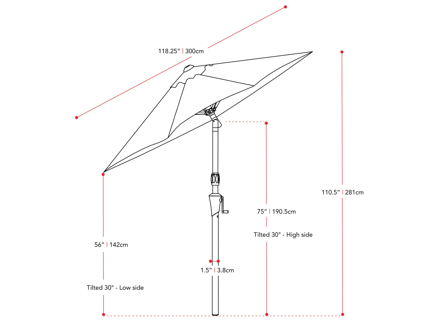 warm white large patio umbrella, tilting 700 Series measurements diagram CorLiving#color_warm-white