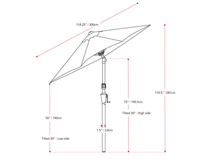 wine red large patio umbrella, tilting 700 Series measurements diagram CorLiving#color_wine-red