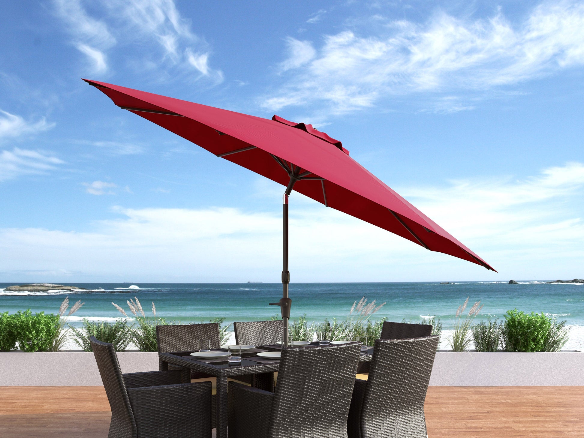 wine red large patio umbrella, tilting 700 Series lifestyle scene CorLiving#color_wine-red