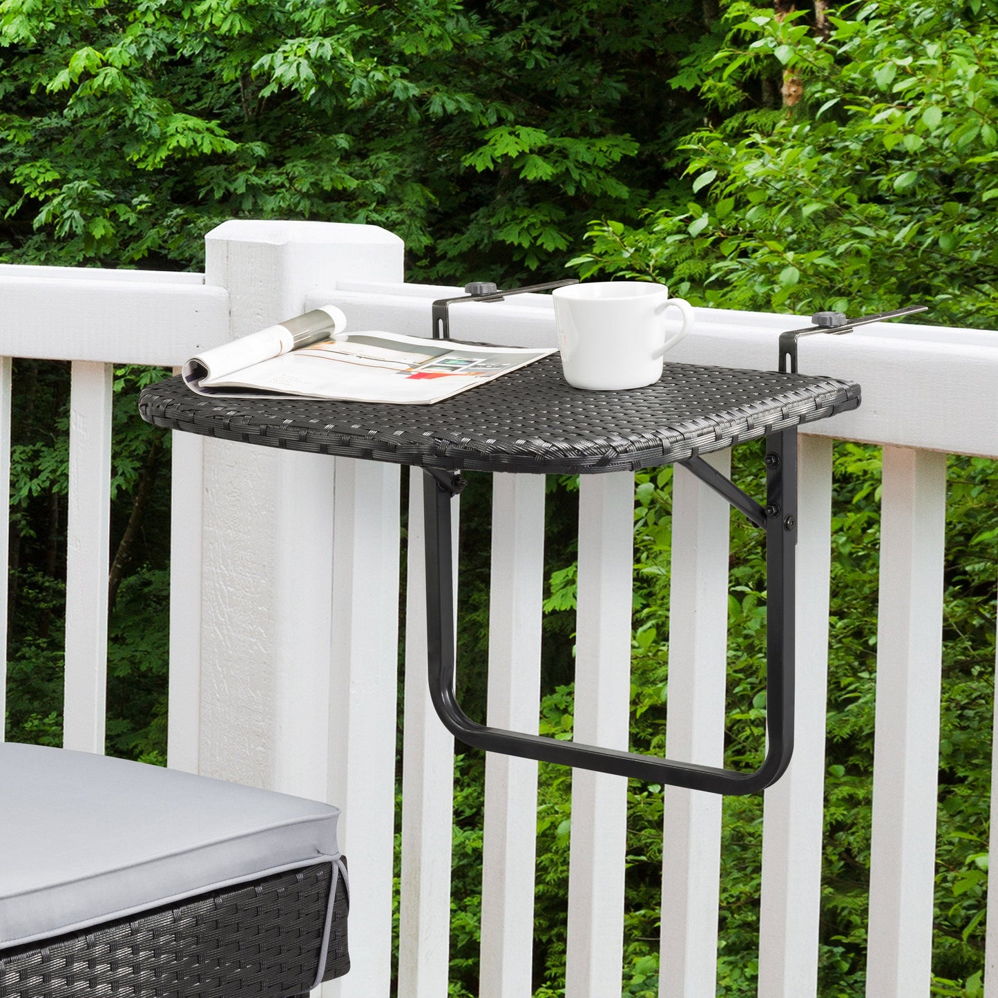 black weave Balcony Railing Table Parksville Collection lifestyle scene by CorLiving#color_textured-black-weave