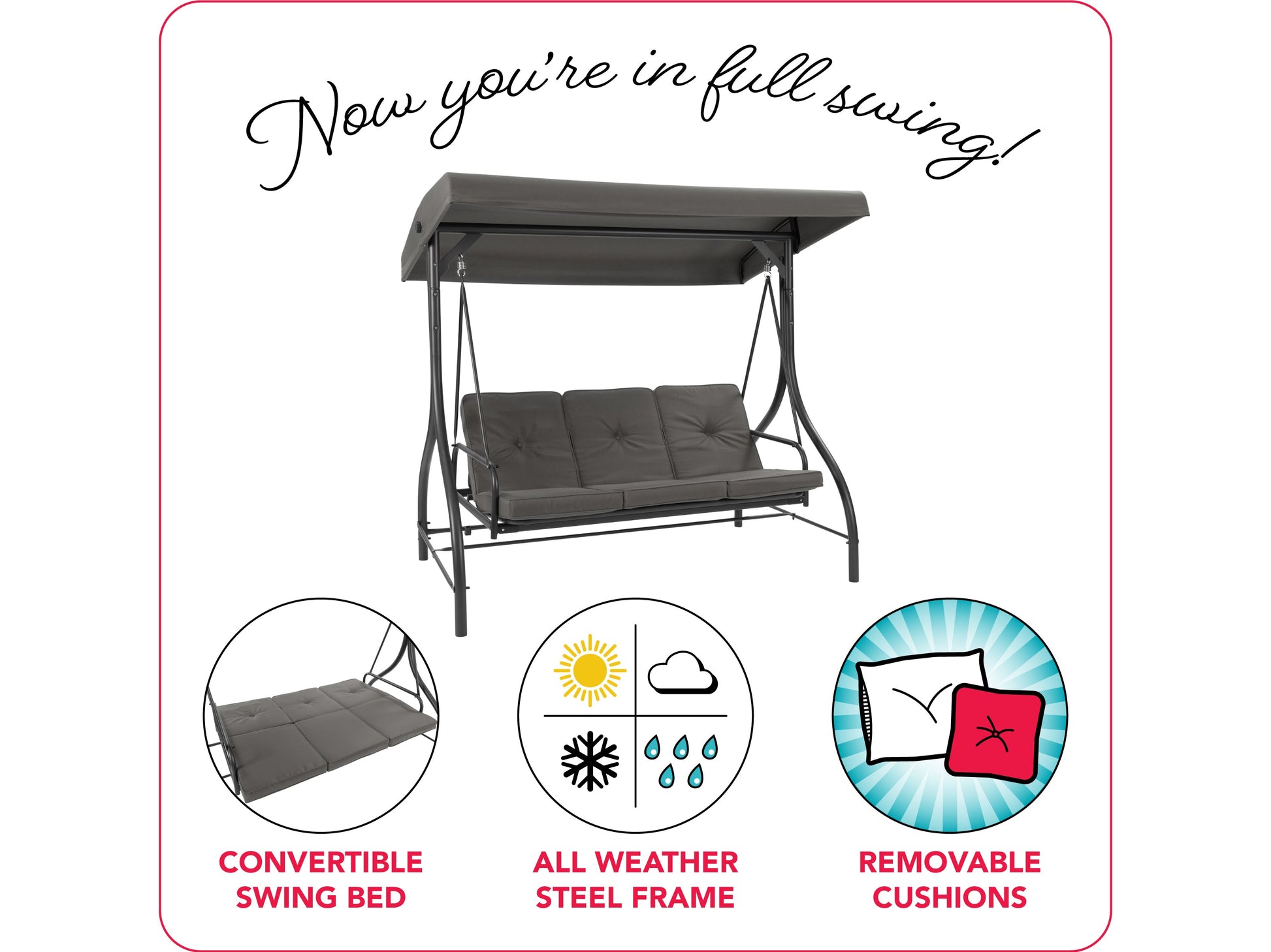 grey Patio Swing With Canopy, Convertible Elia Collection infographic by CorLiving#color_grey