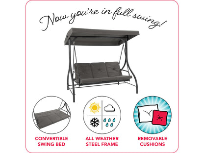 grey Patio Swing With Canopy, Convertible Elia Collection infographic by CorLiving#color_grey