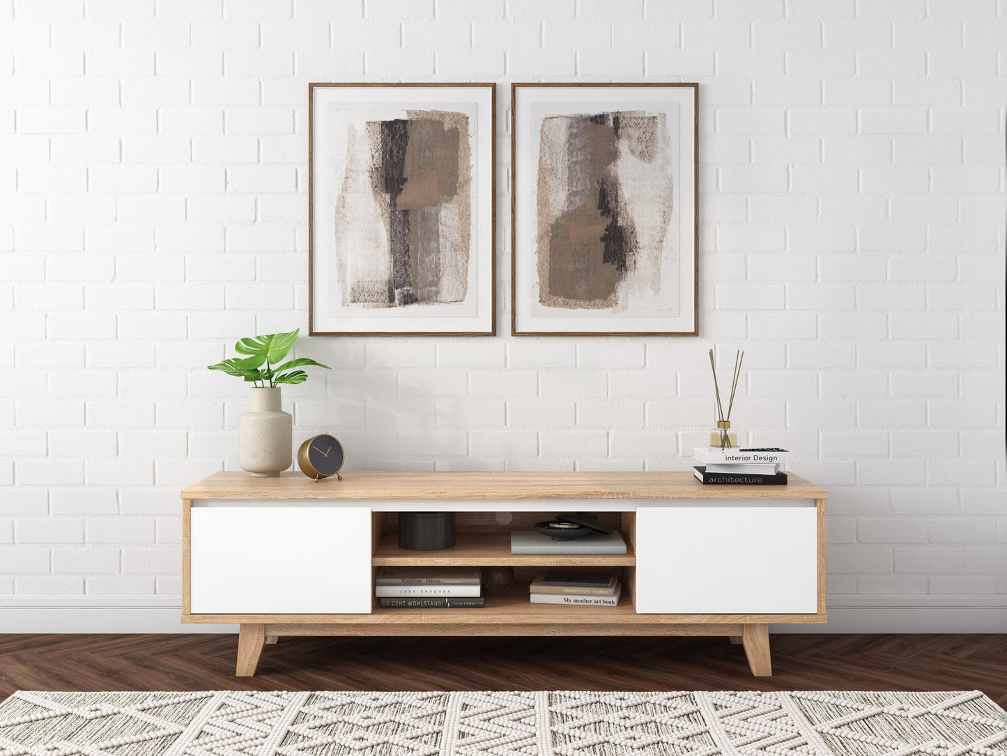 White and Brown Wood TV Stand for TVs up to 68" Fort Worth Collection lifestyle scene by CorLiving#color_fort-worth-white-and-brown
