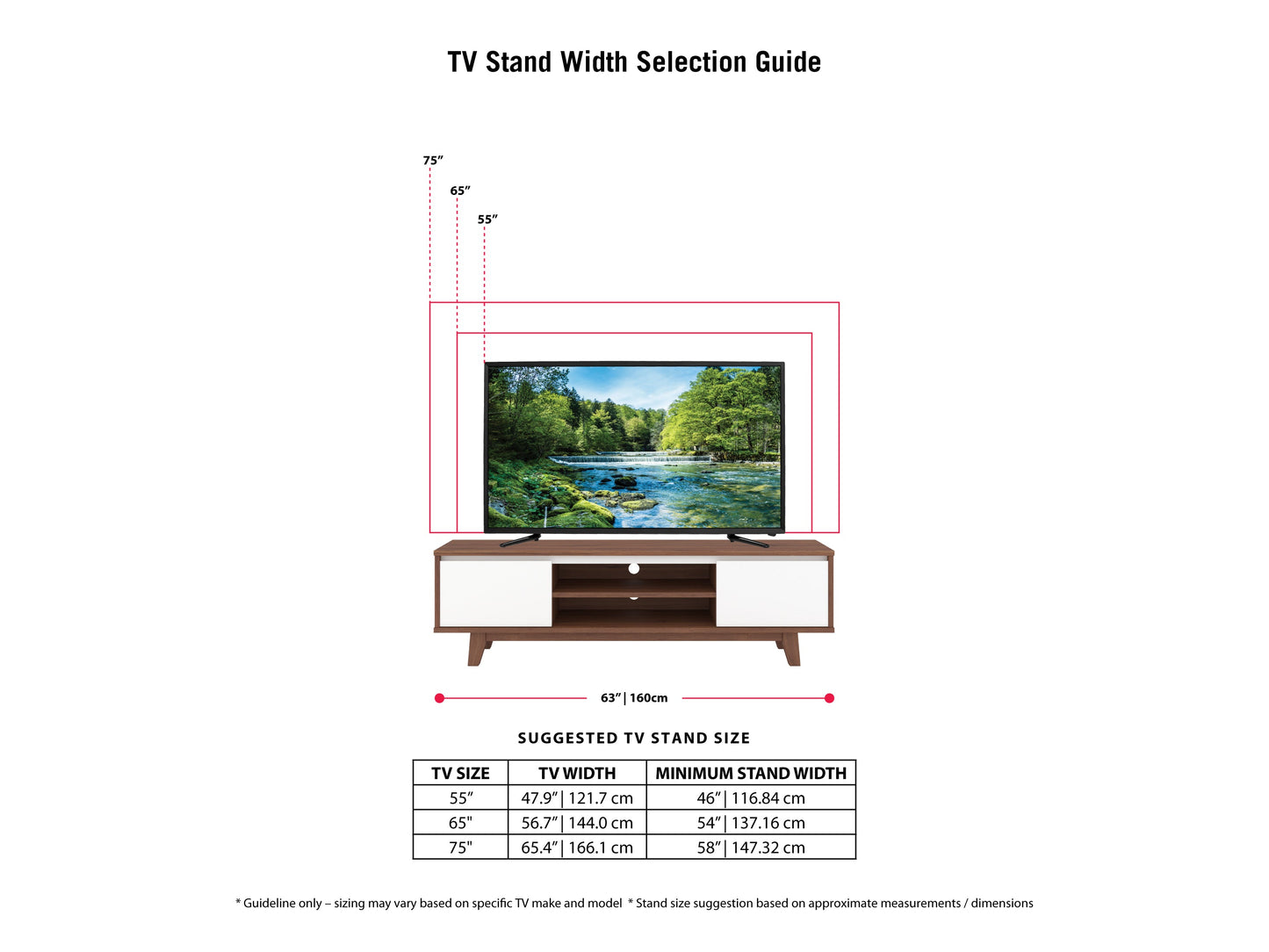White and Dark Brown Wood TV Stand for TVs up to 68" Fort Worth Collection infographic by CorLiving#color_fort-worth-white-and-dark-brown