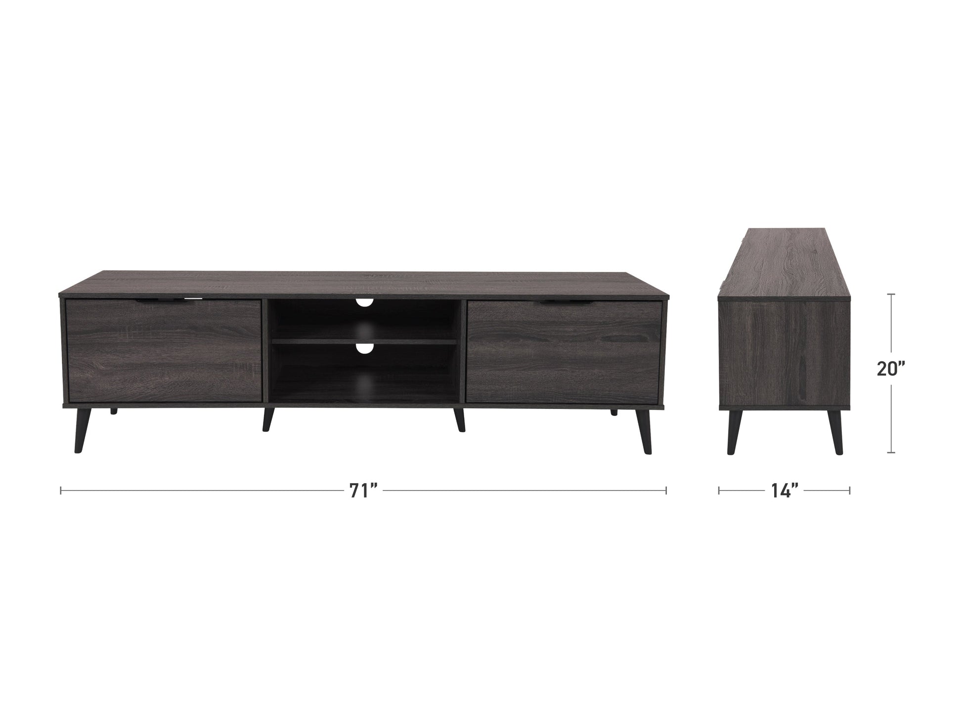 dark grey TV Bench - Open & Closed Storage, TVs up to 85" Cole Collection measurements diagram by CorLiving#color_cole-dark-grey