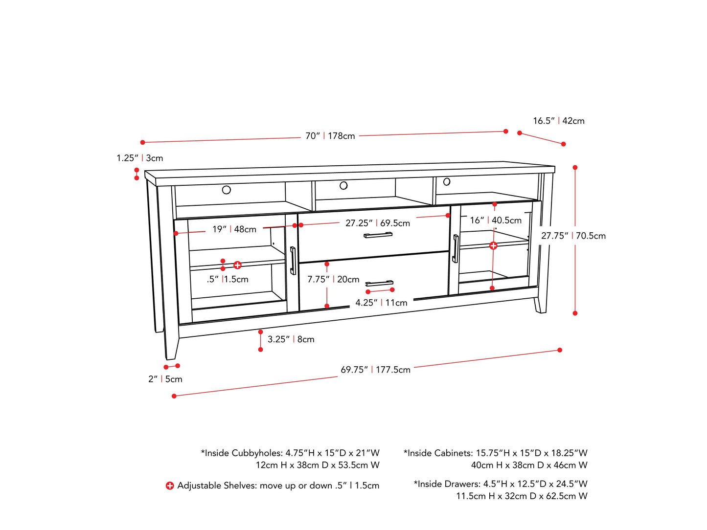dark grey TV Cabinet with Drawers for TVs up to 85" Hollywood Collection measurements diagram by CorLiving#color_dark-grey